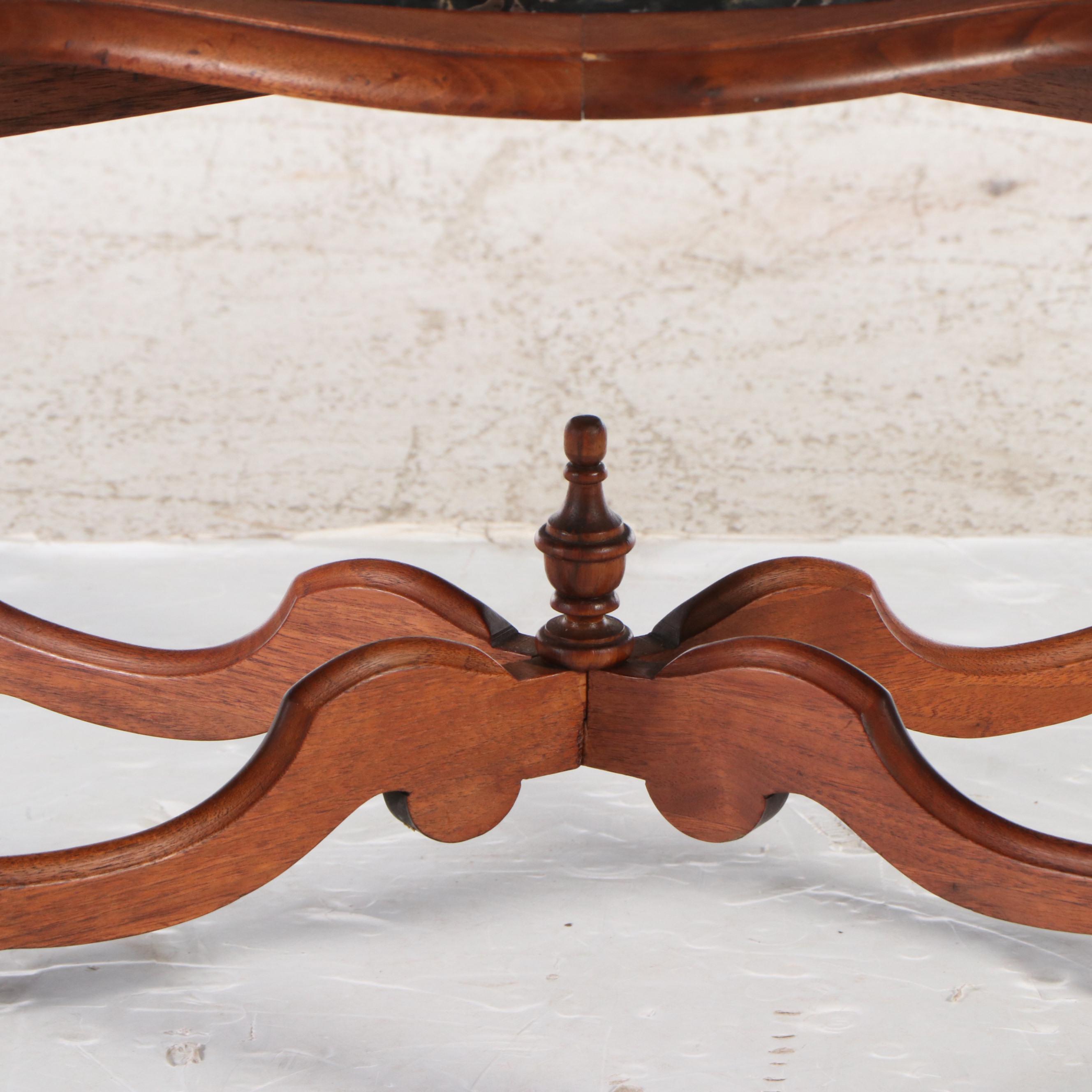 Carved Walnut Accent Table with Black Marble Top