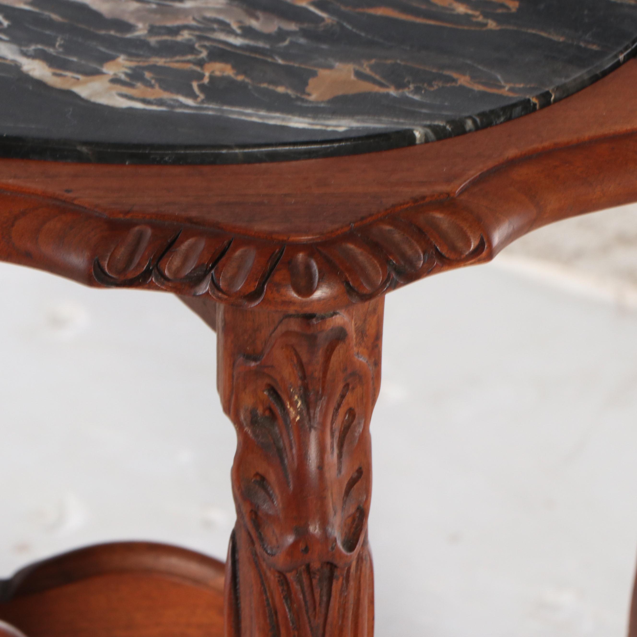 Carved Walnut Accent Table with Black Marble Top