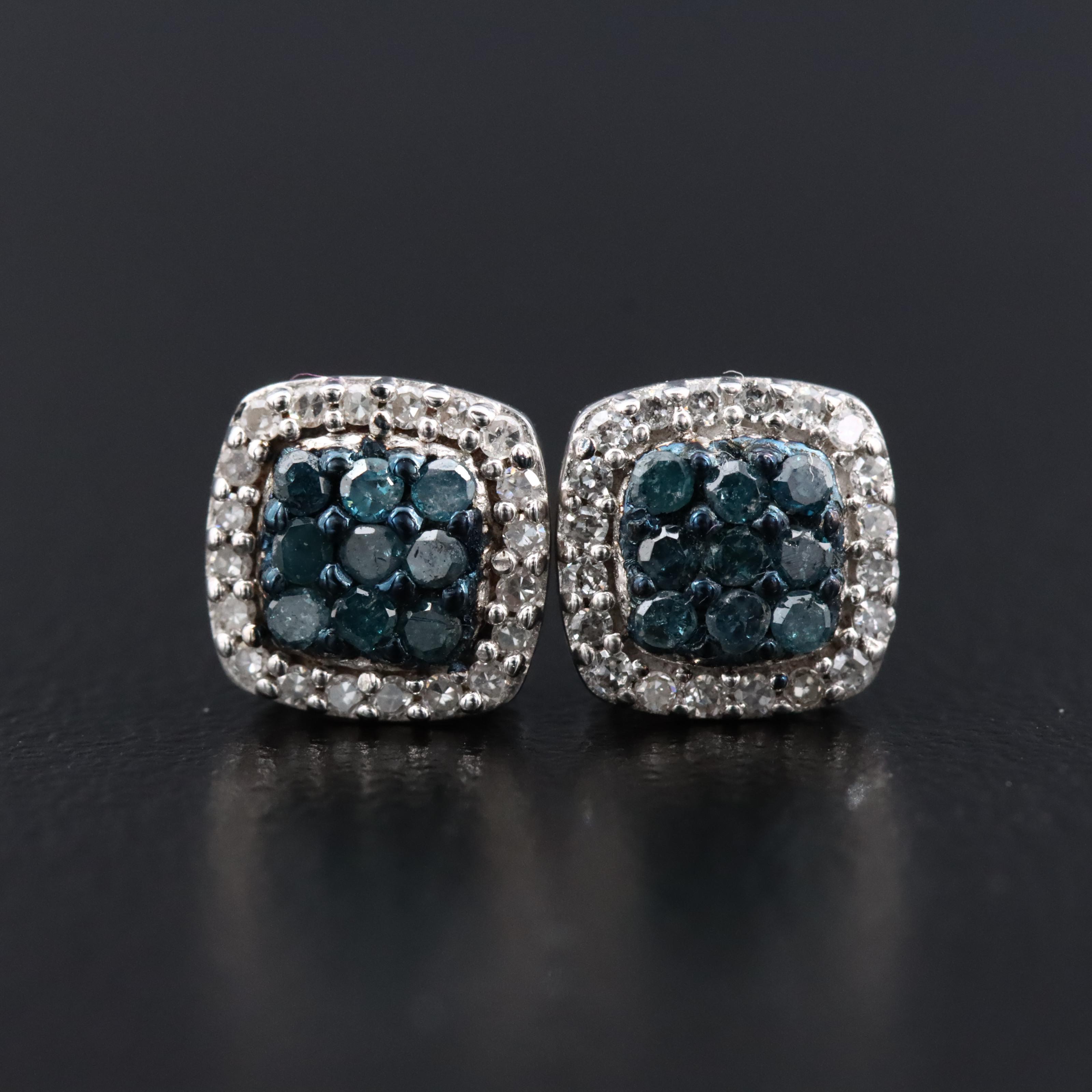 Sterling Diamond Halo Stud Earrings with Lab Grown Fancy Blue Diamonds