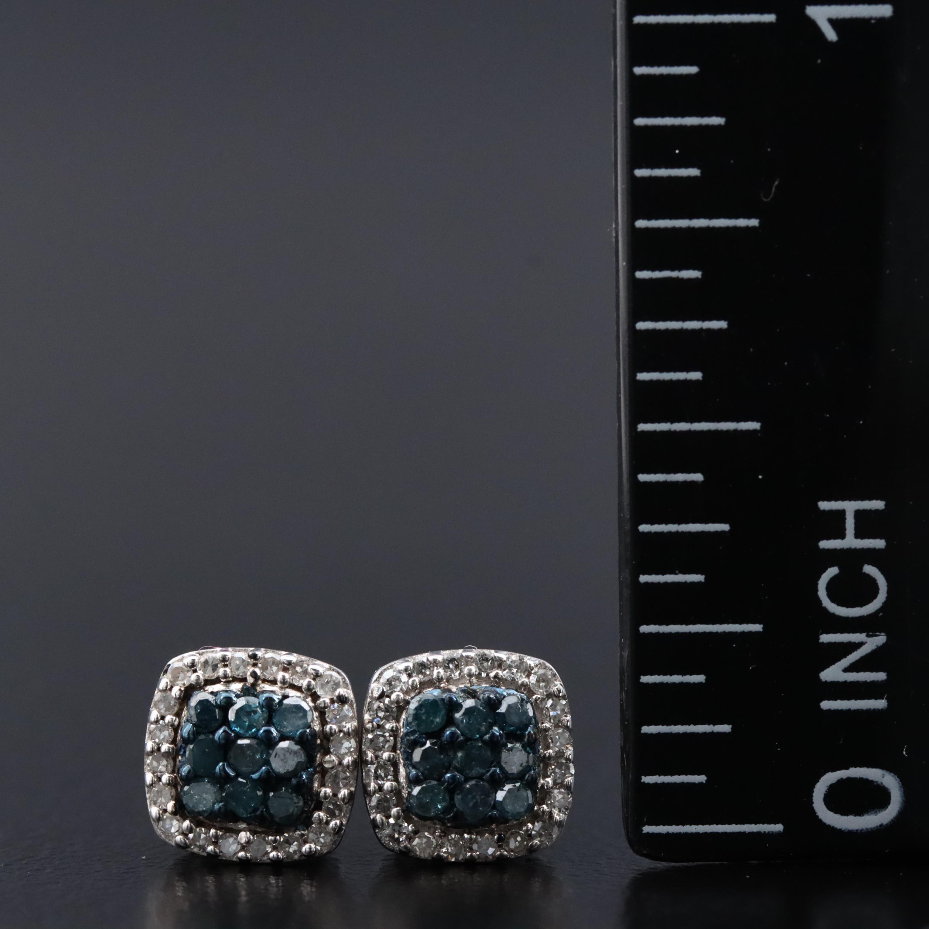 Sterling Diamond Halo Stud Earrings with Lab Grown Fancy Blue Diamonds