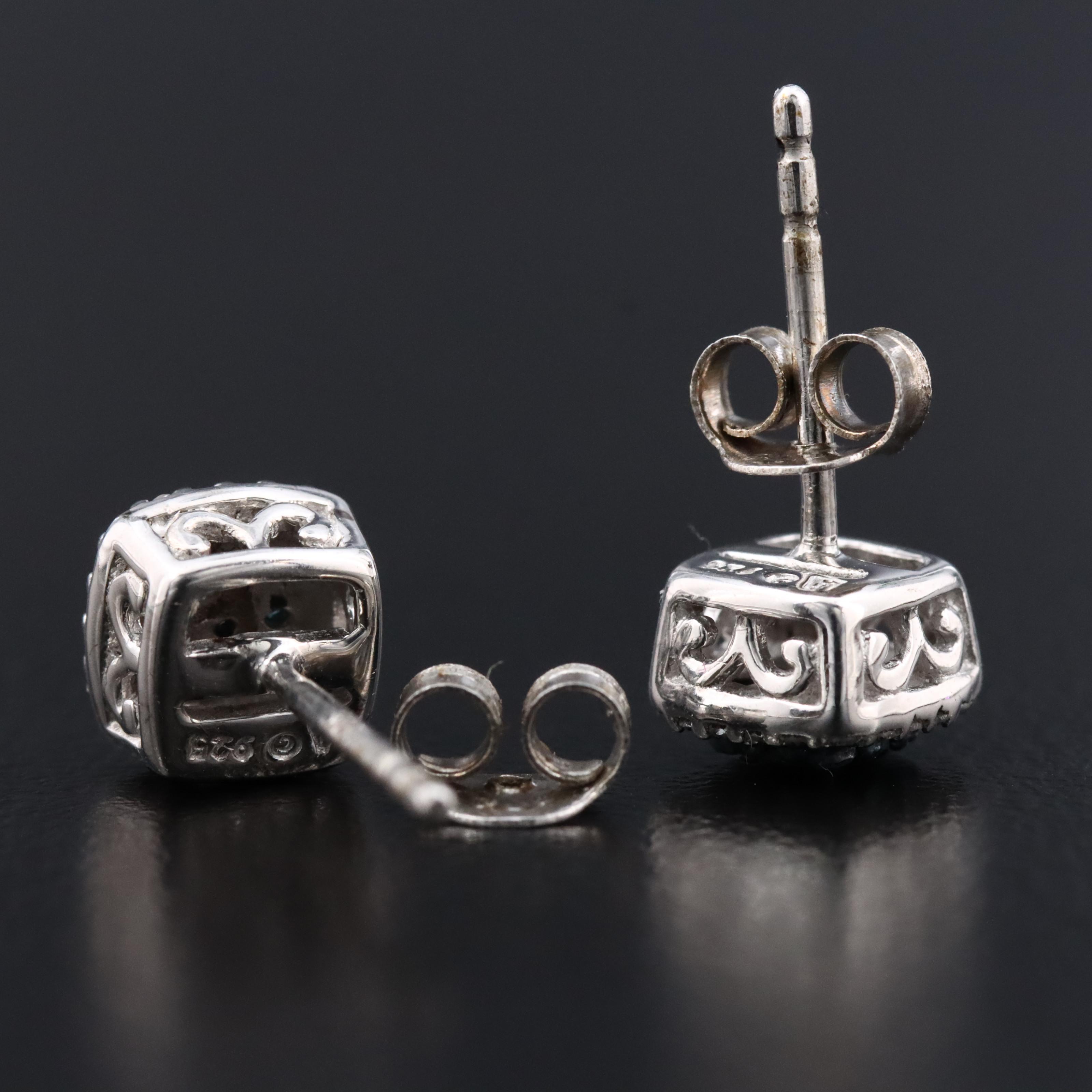 Sterling Diamond Halo Stud Earrings with Lab Grown Fancy Blue Diamonds