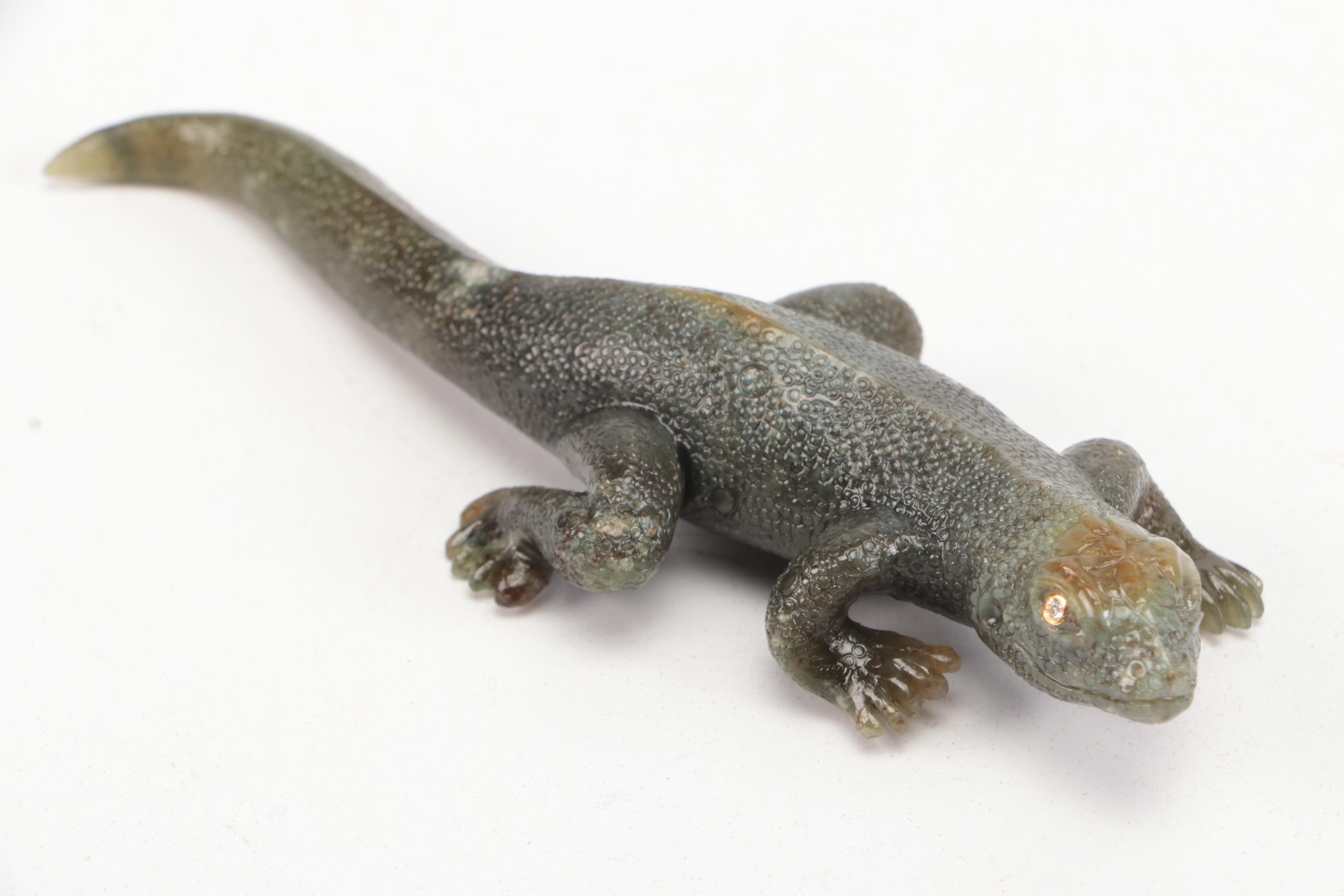 Chinese Carved Nephrite Salamander with Diamond Eyes