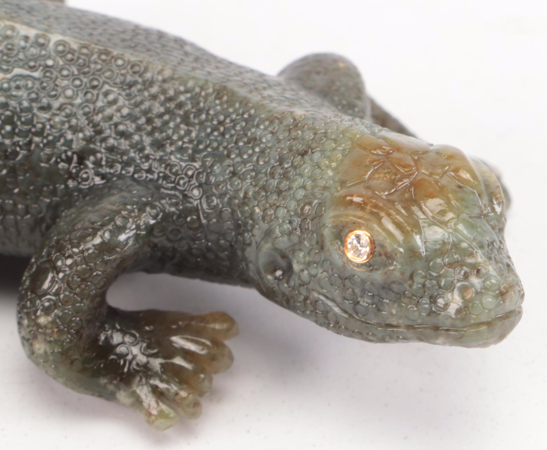 Chinese Carved Nephrite Salamander with Diamond Eyes