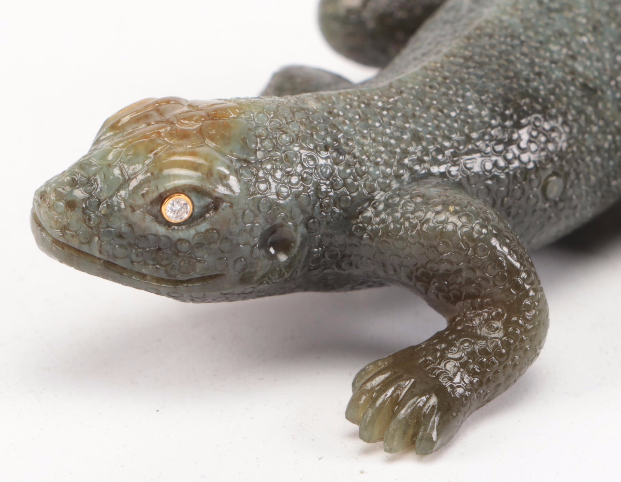 Chinese Carved Nephrite Salamander with Diamond Eyes