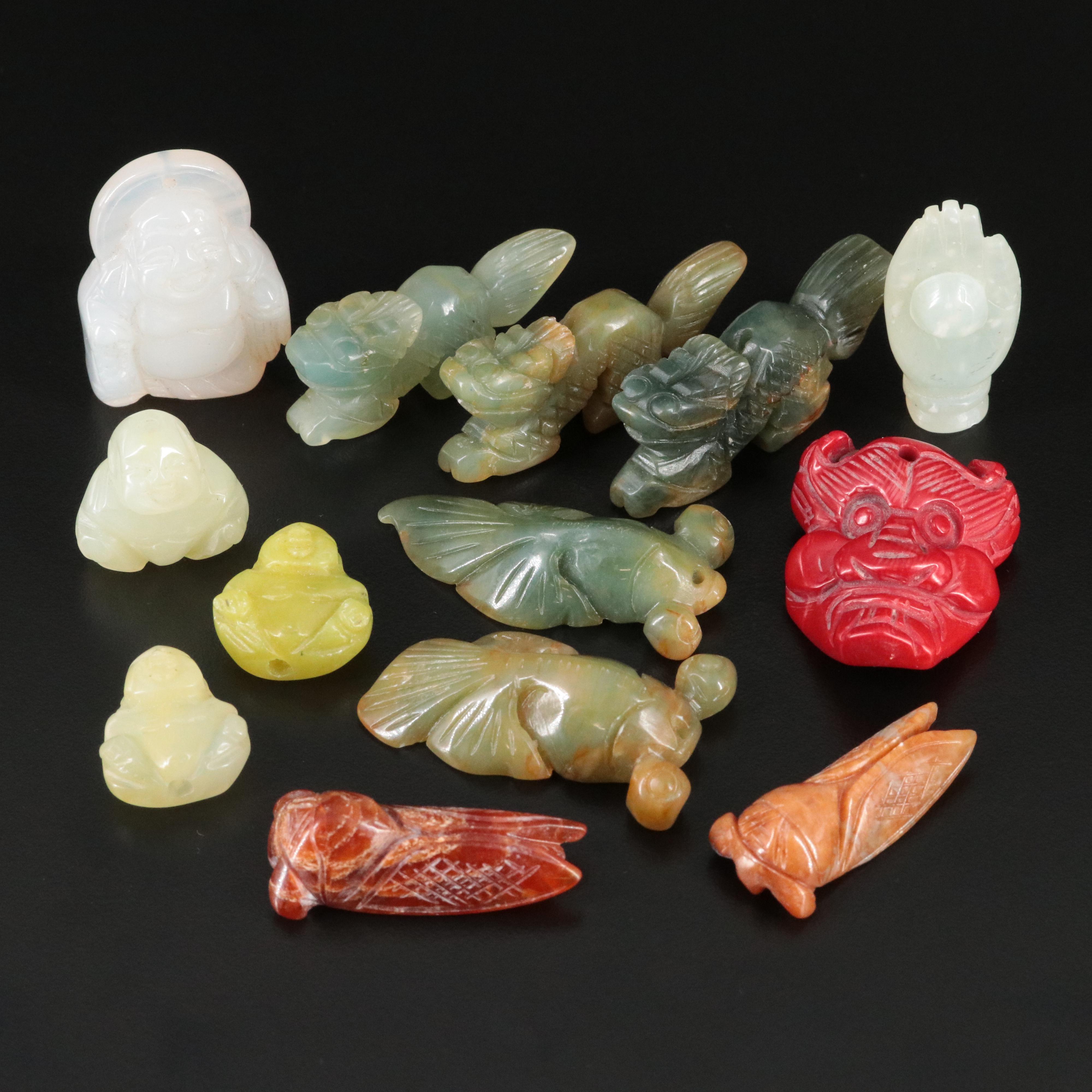 Carved Gemstone Pendants and Figurines Featuring Coral, Chalcedony and Calcite