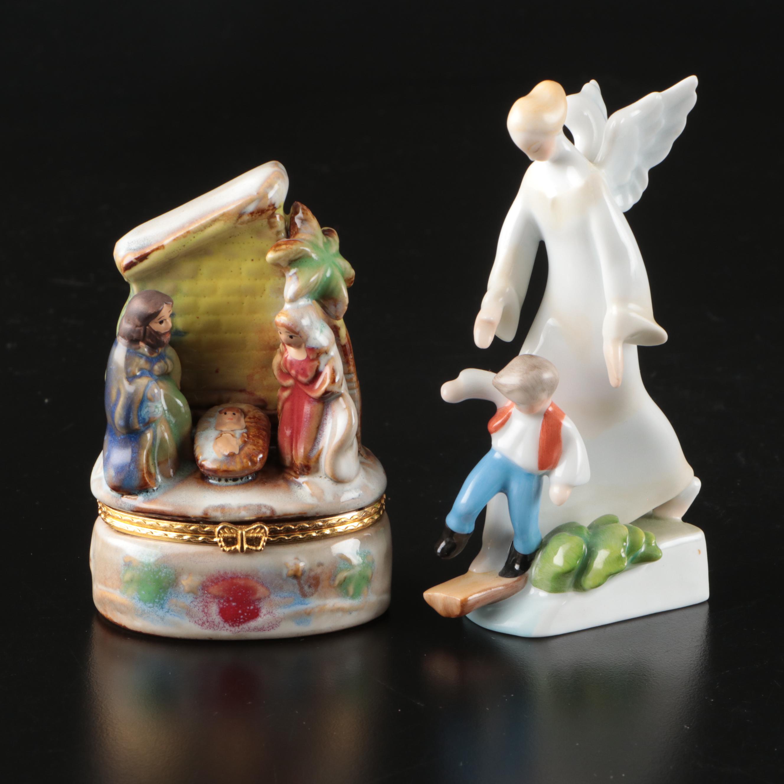 Herend Porcelain Guardian Angel Figurine with Nativity Trinket Box