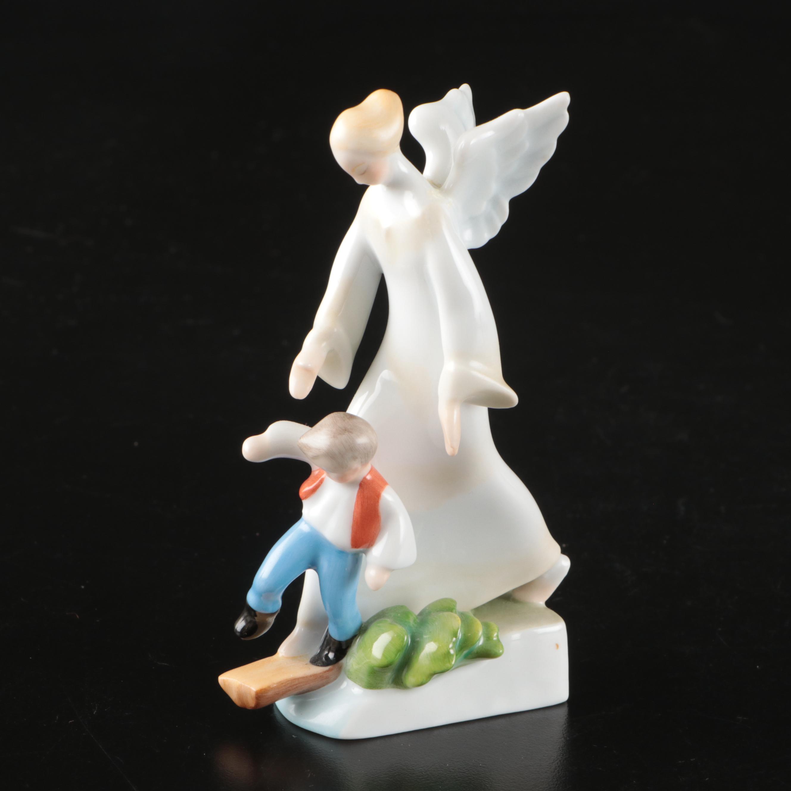 Herend Porcelain Guardian Angel Figurine with Nativity Trinket Box