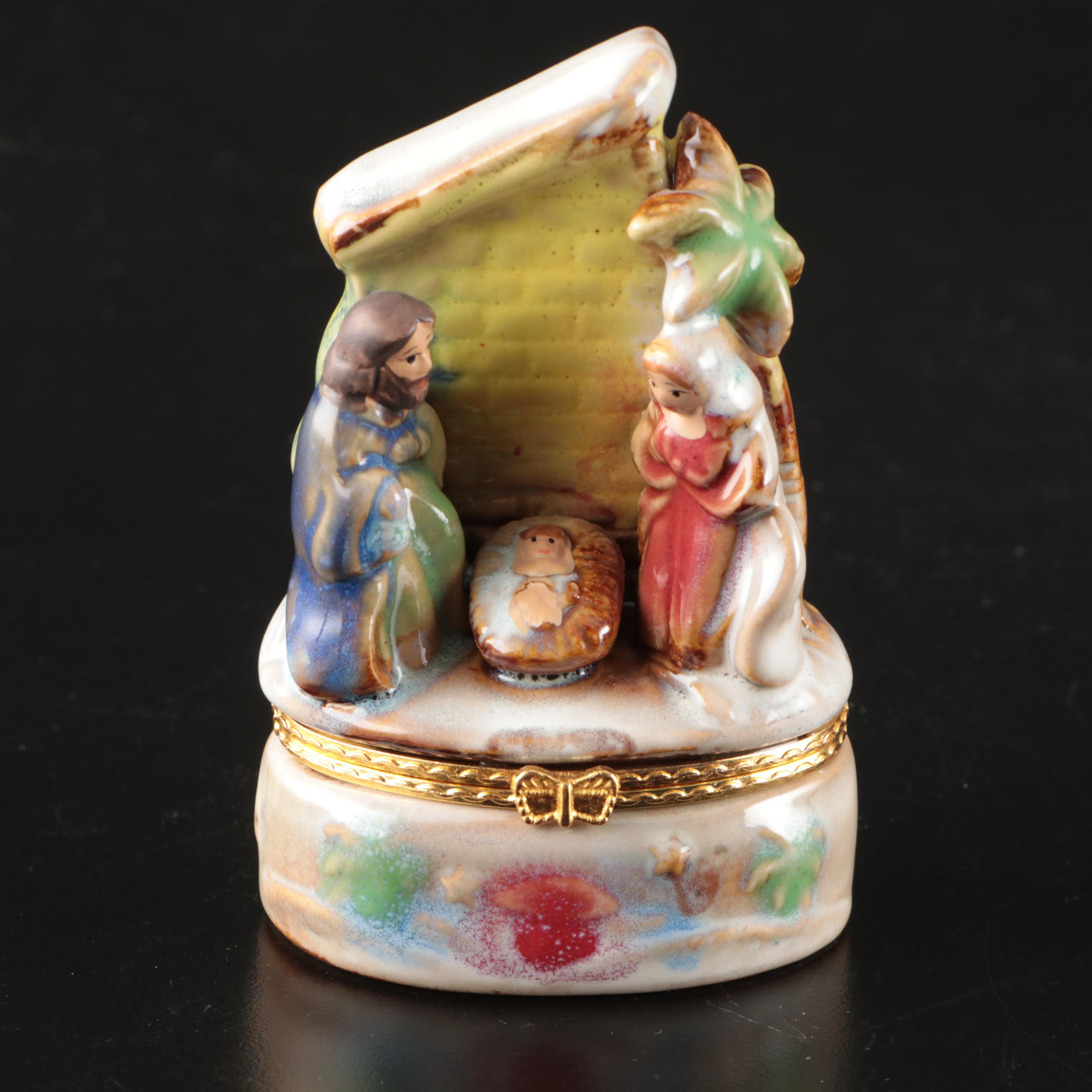 Herend Porcelain Guardian Angel Figurine with Nativity Trinket Box