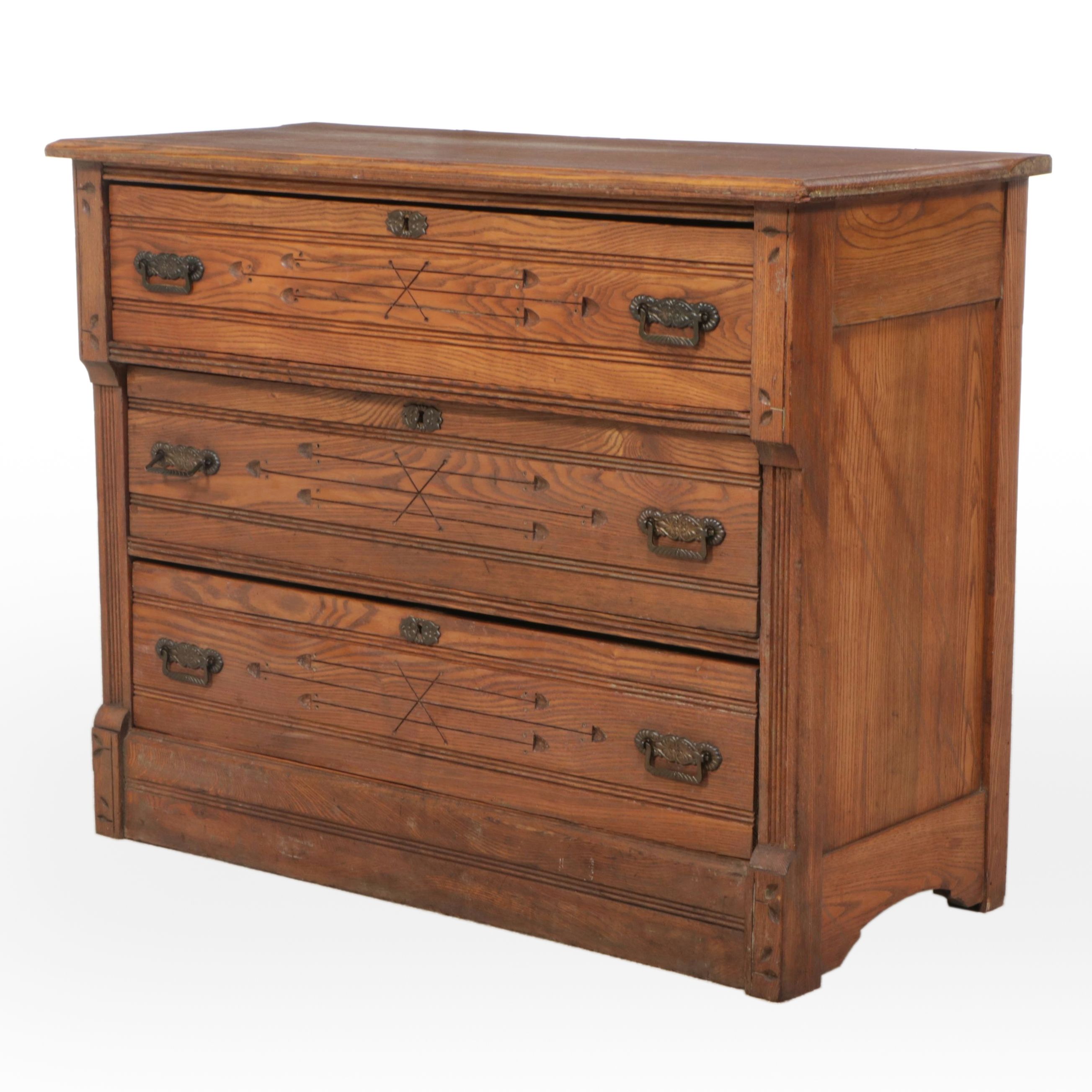 Eastlake Oak Three-Drawer Chest, Late 19th/Early 20th Century