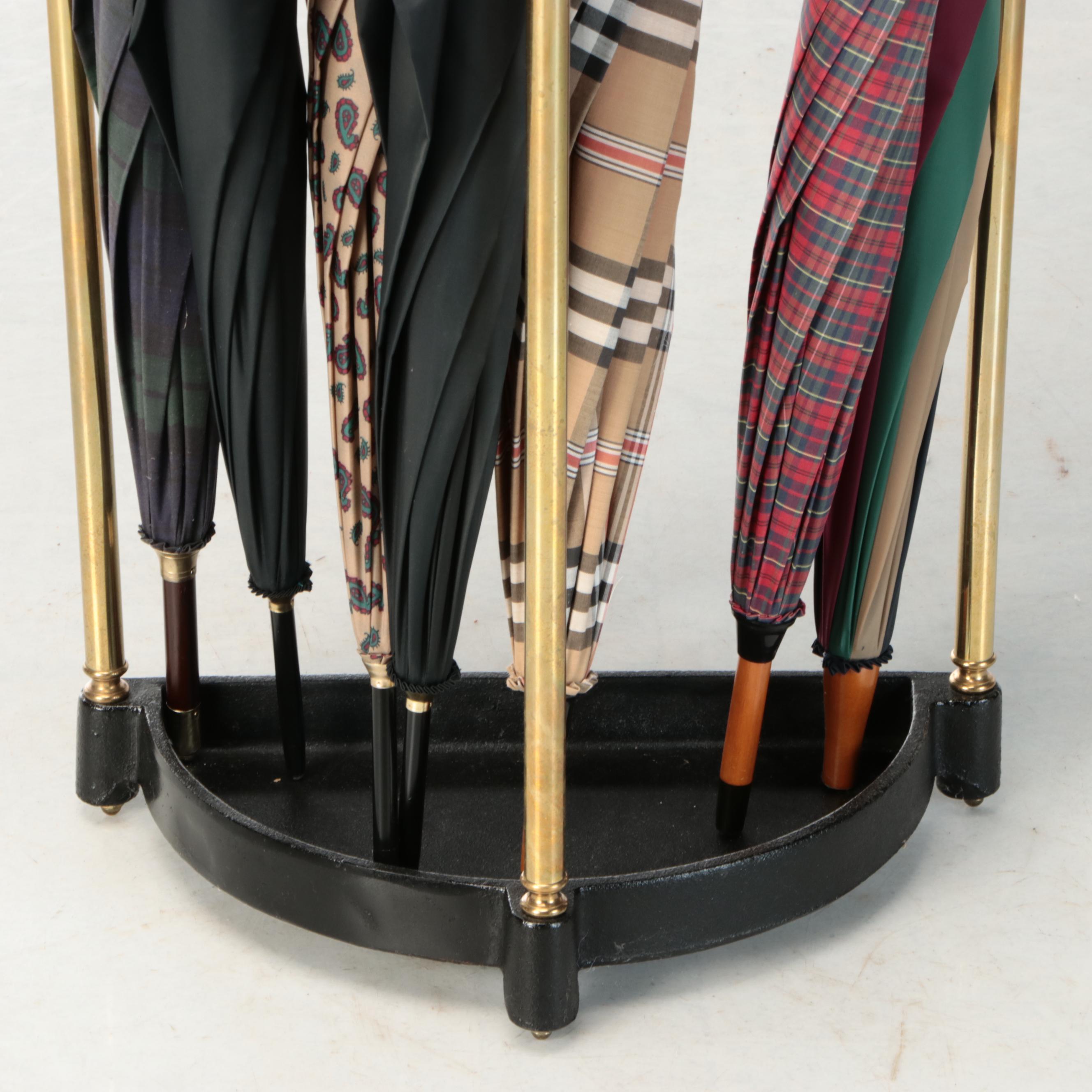 Brass and Cast Iron Umbrella Stand with Ralph Lauren, Totes, and More Umbrellas