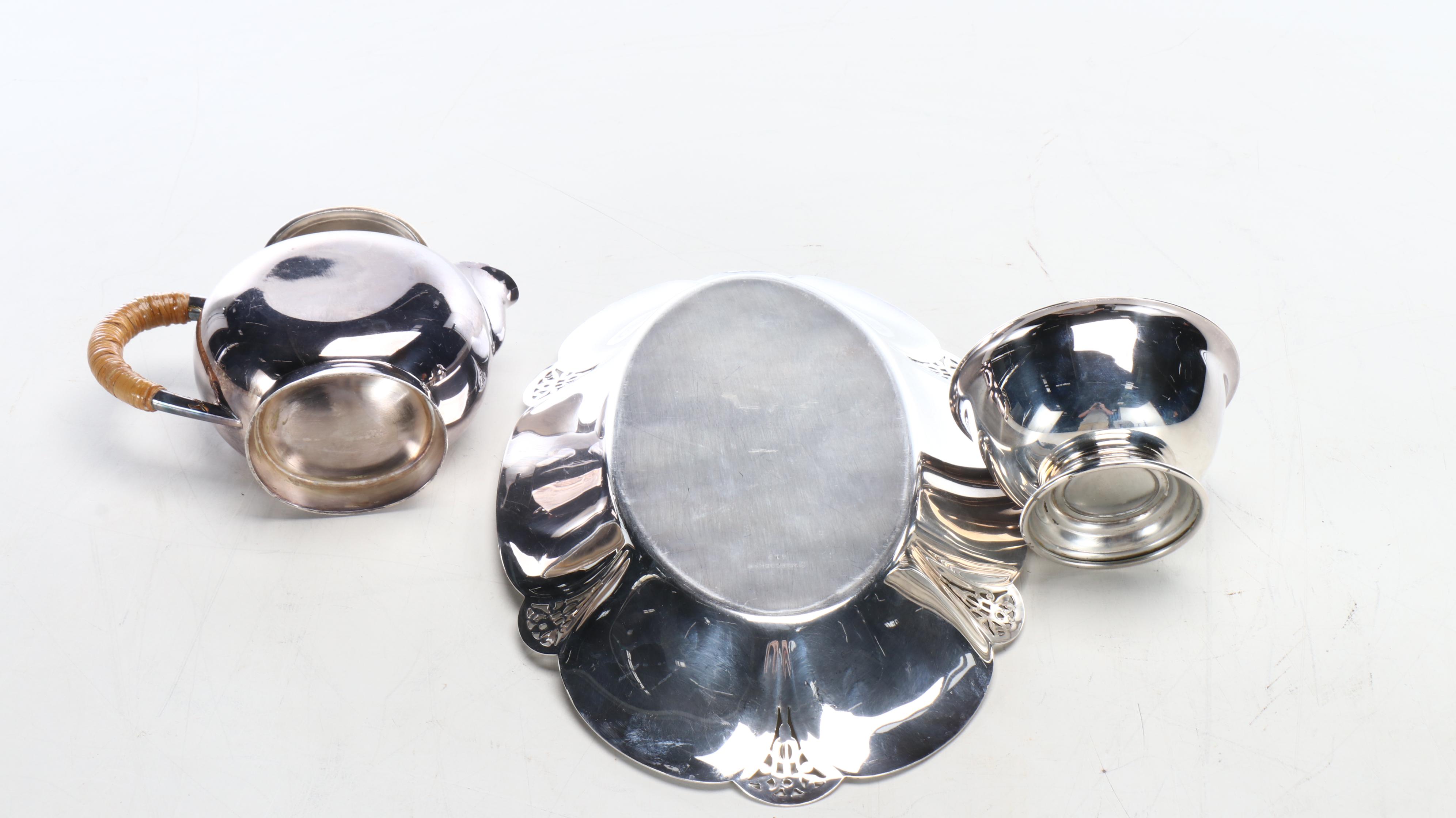 Paul Revere Silver Plate Bowl and Other Silver Plate Serveware with Metal Lamp