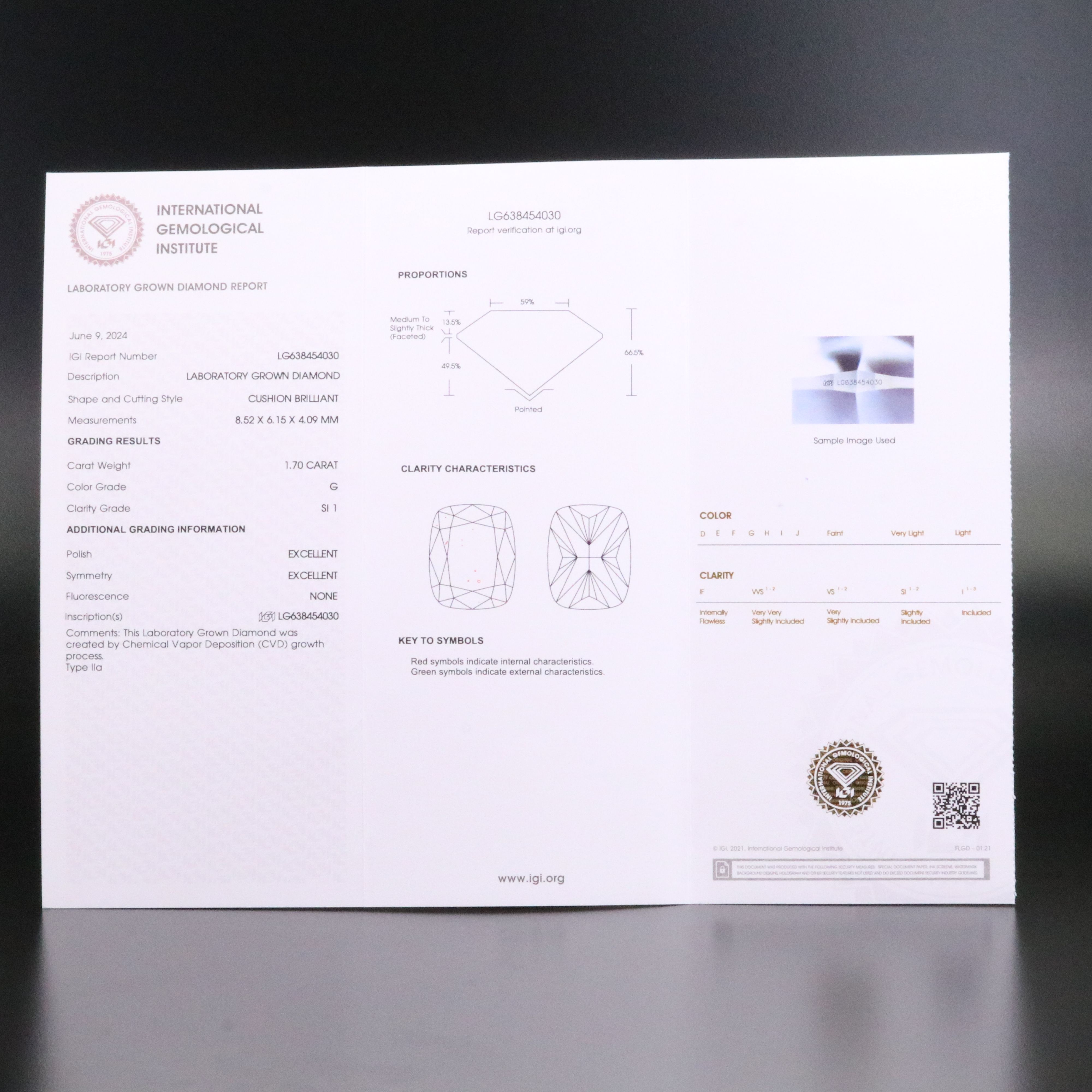 Loose 1.70 CT Lab Grown Diamond with IGI Report
