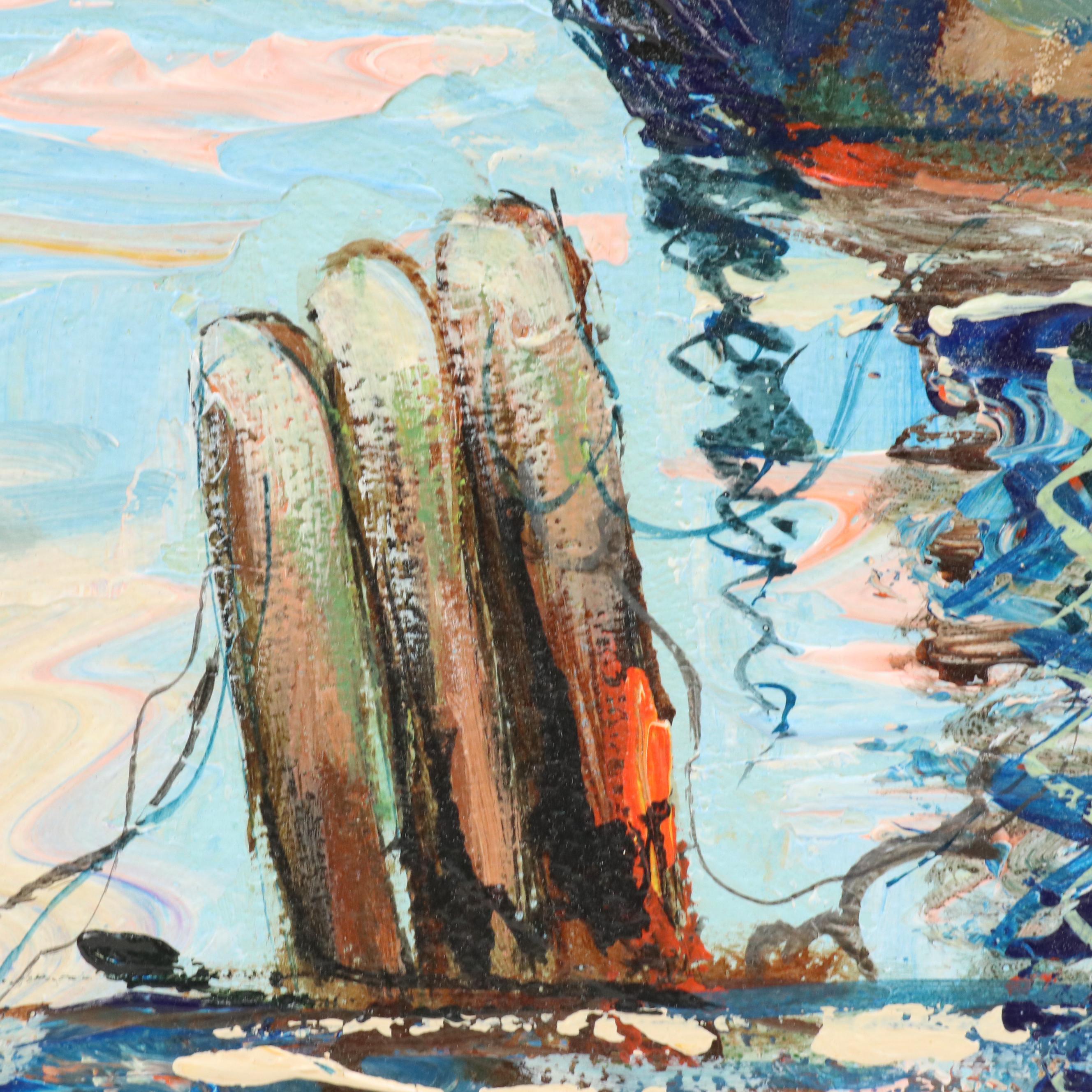 Louis Spiegel Impasto Oil Painting of Ships at Harbor, Mid to Late 20th C.