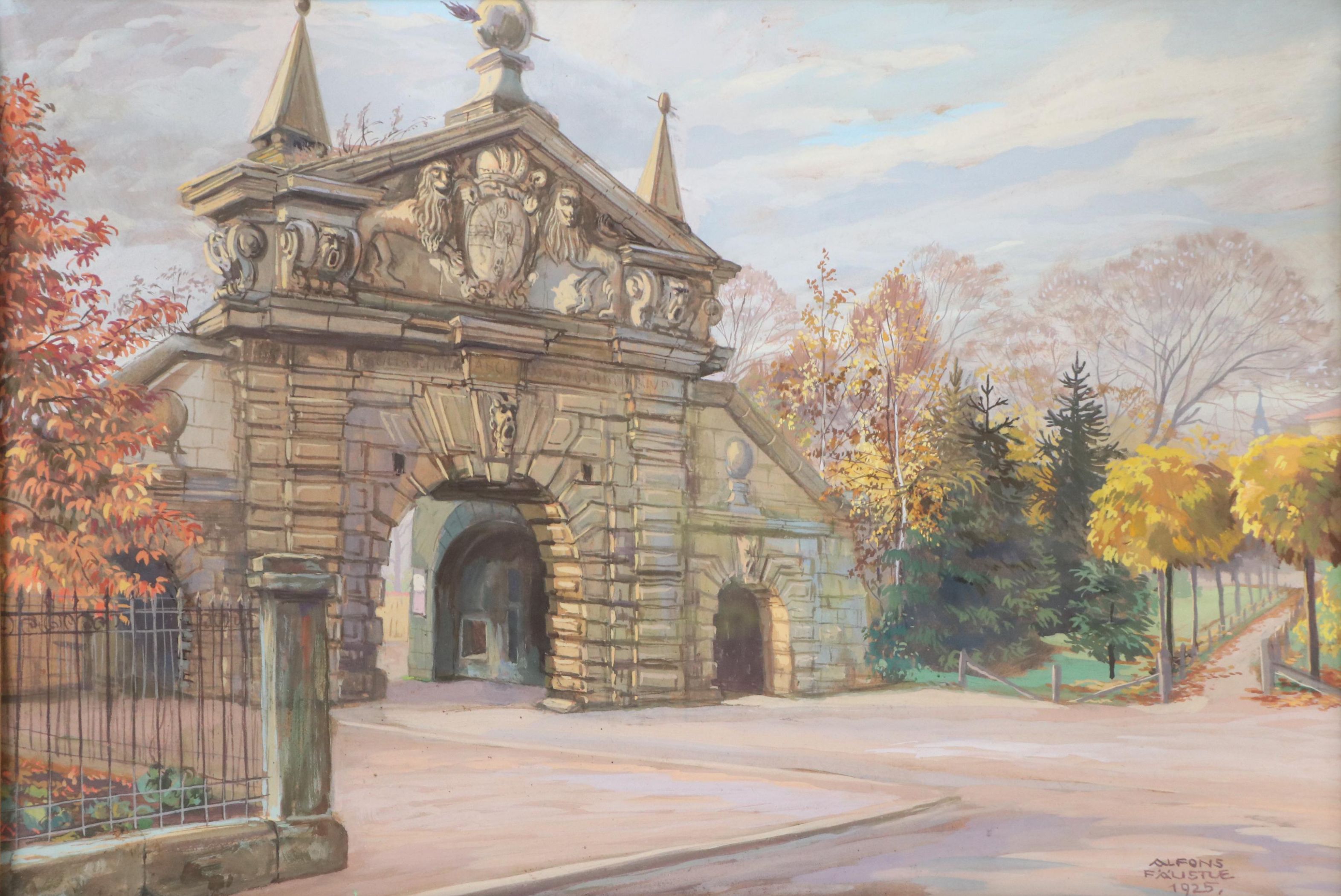 Alfons Faustue Gouache Painting of Nuremburg Gate in Forchheim Fortress, 1925