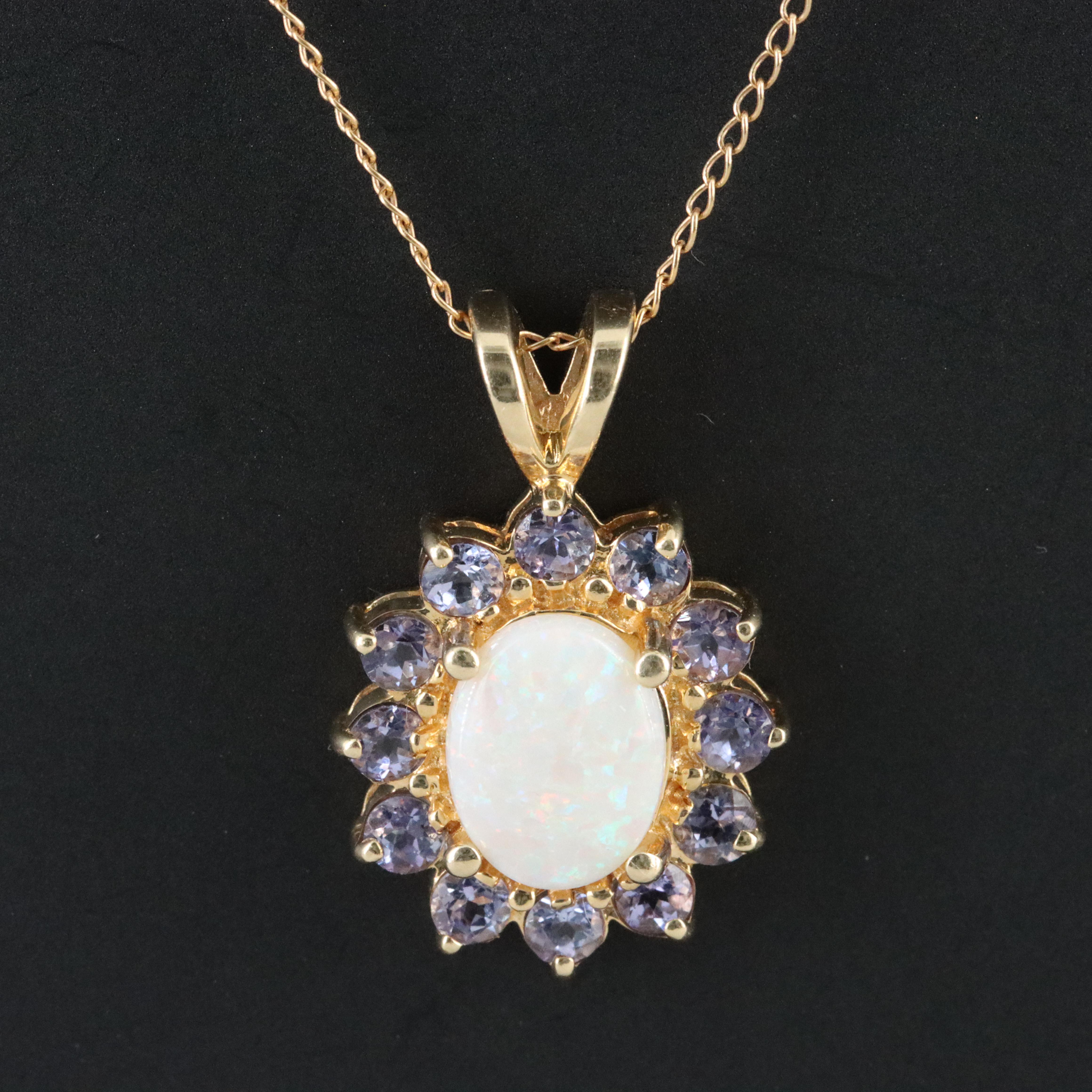 14K Opal and Tanzanite Halo Pendant Necklace