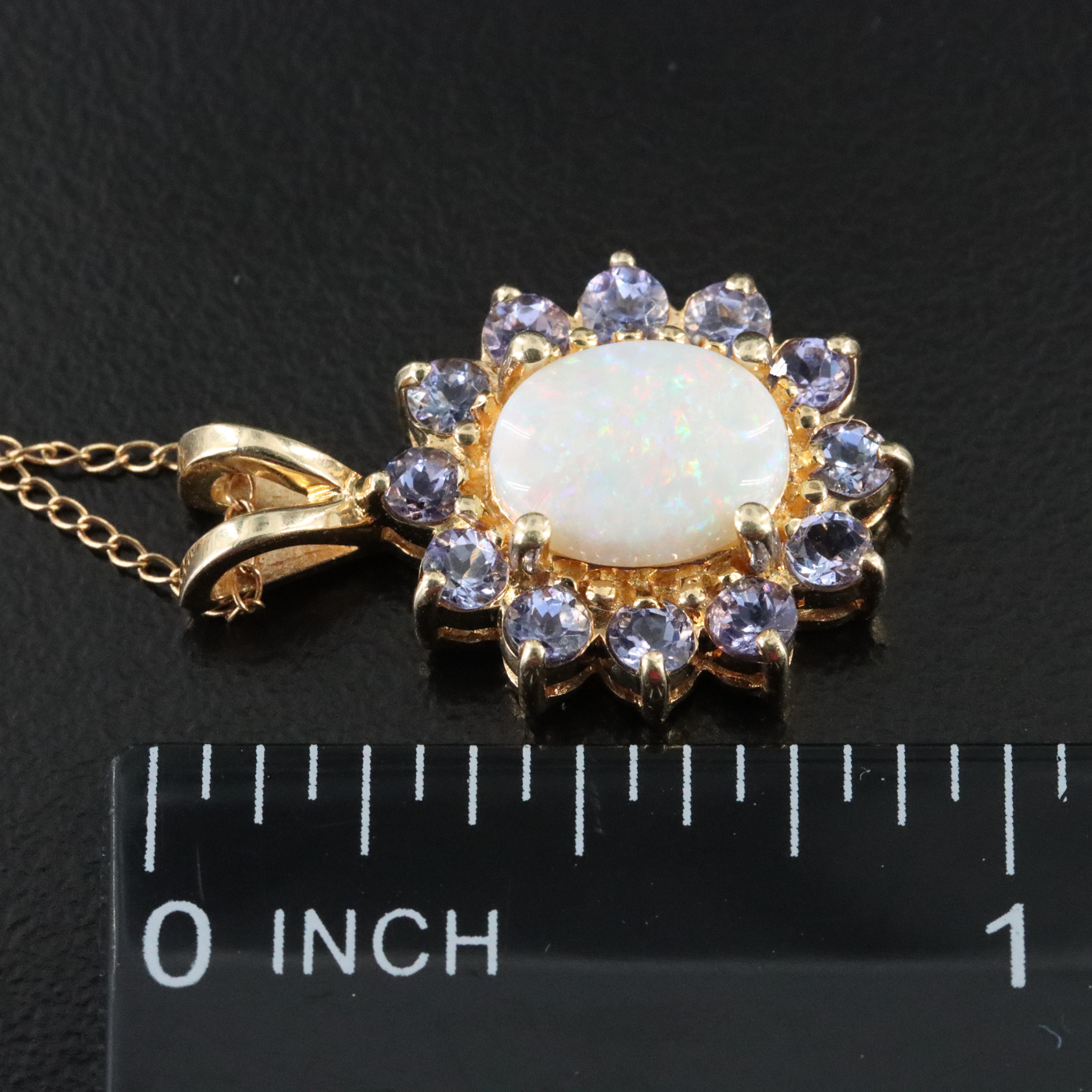 14K Opal and Tanzanite Halo Pendant Necklace