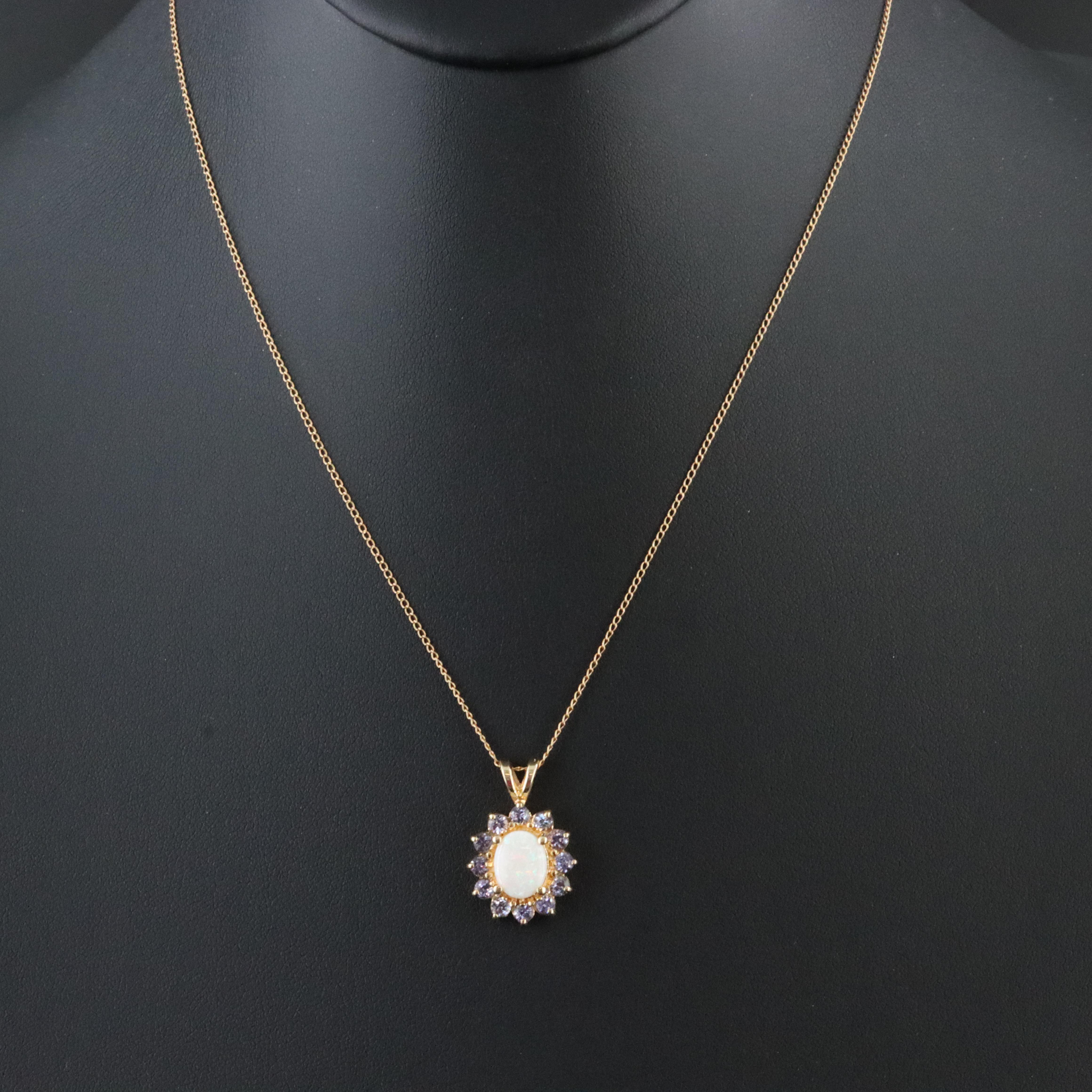 14K Opal and Tanzanite Halo Pendant Necklace