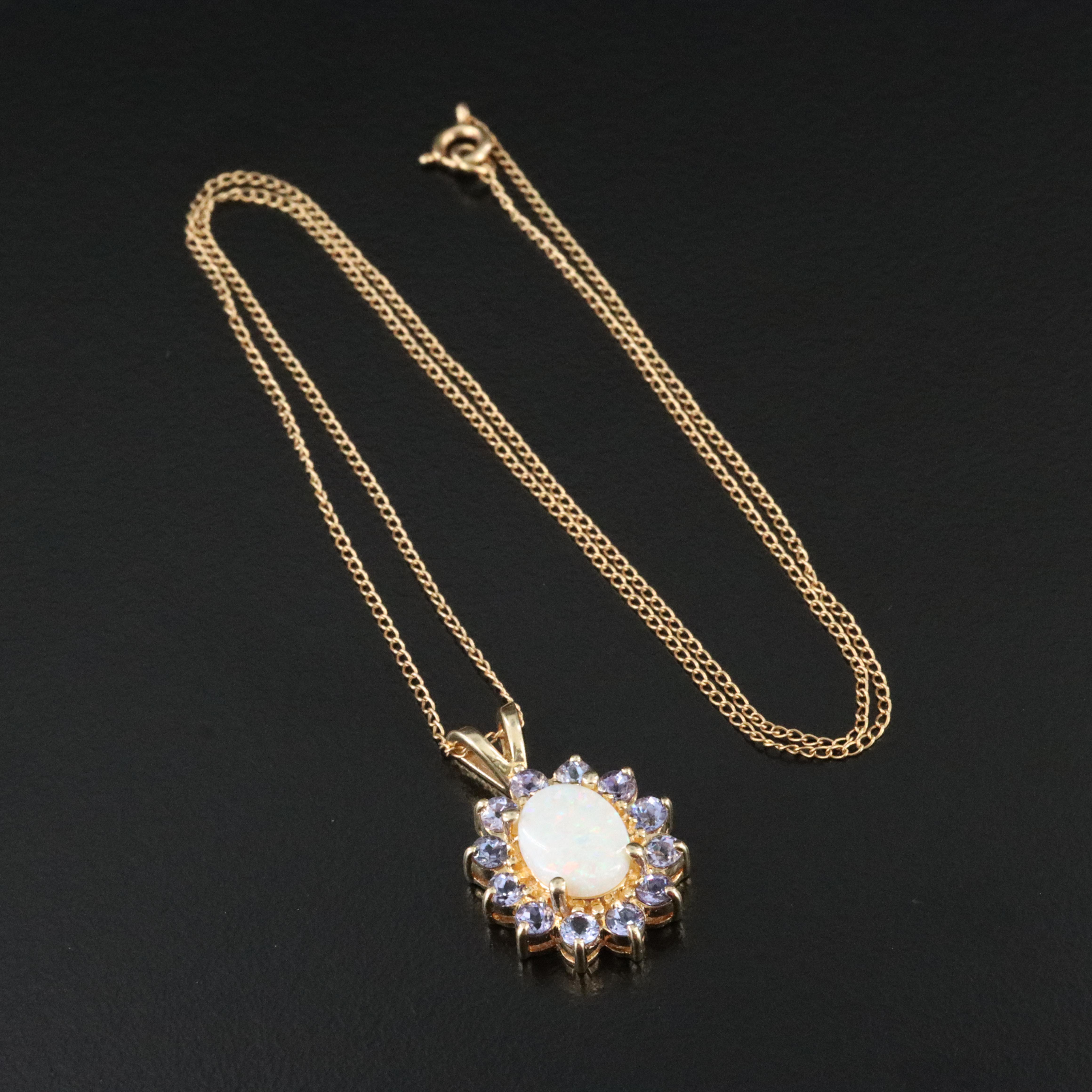 14K Opal and Tanzanite Halo Pendant Necklace