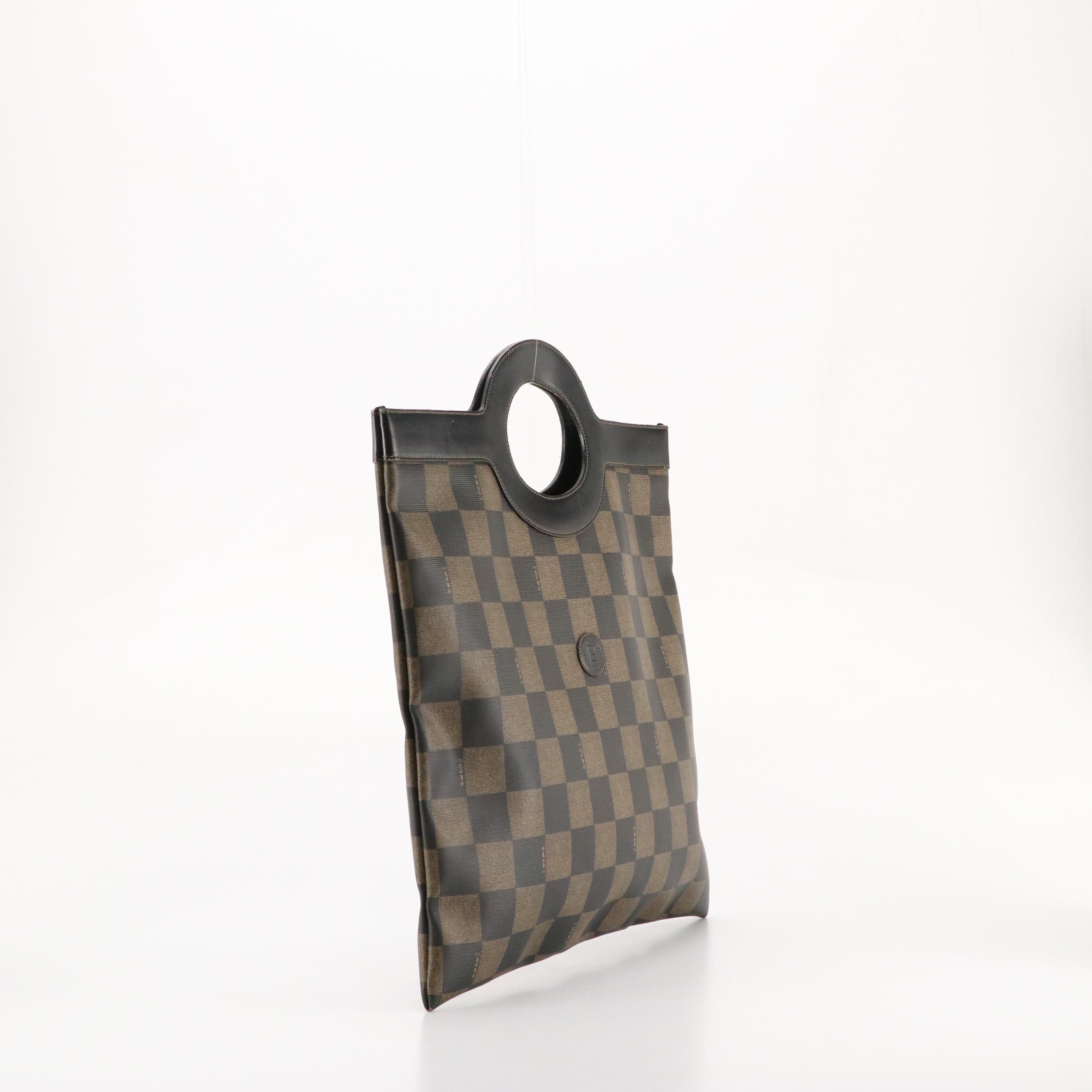 Fendi Handbag Tote in Checked Canvas and Black Leather Trim