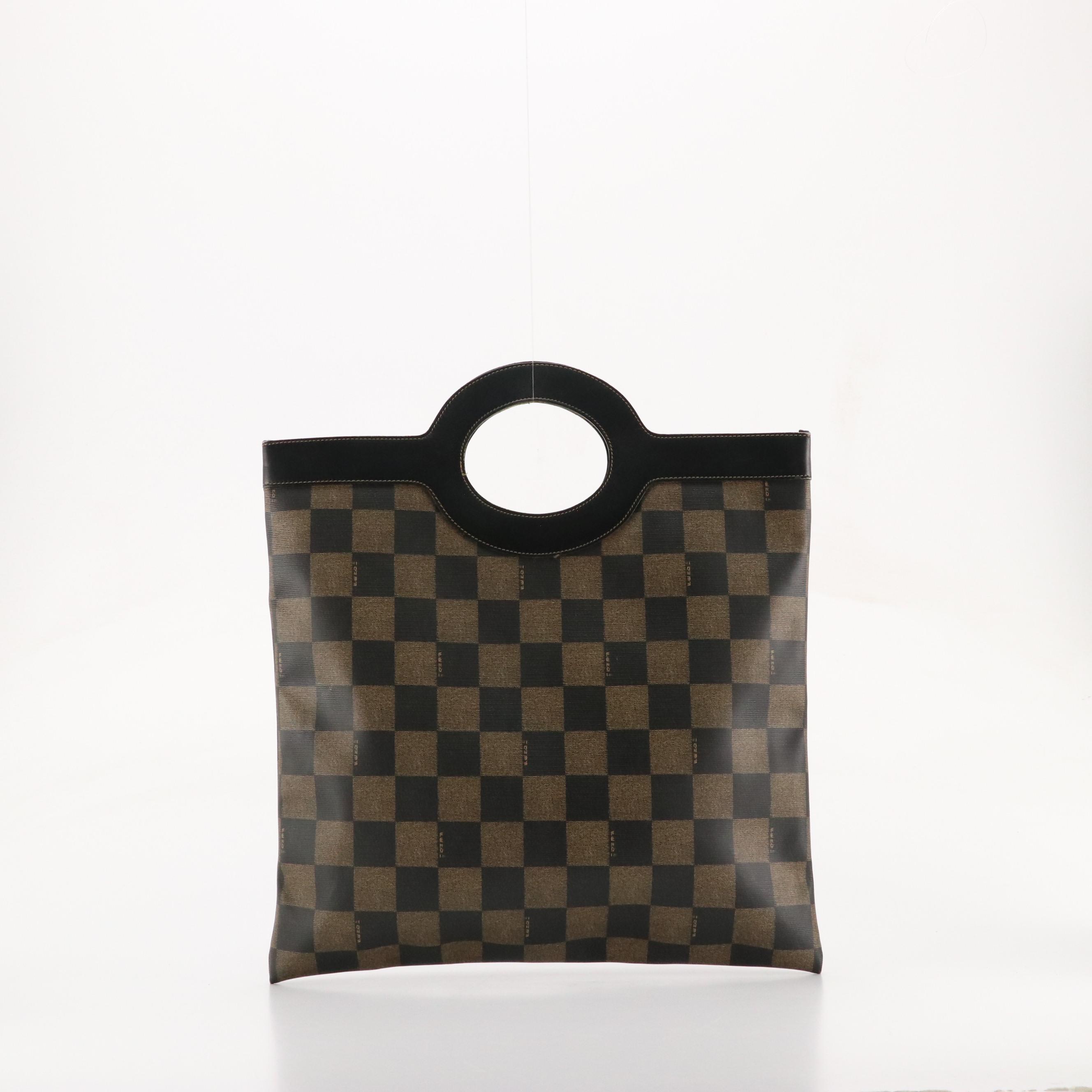 Fendi Handbag Tote in Checked Canvas and Black Leather Trim