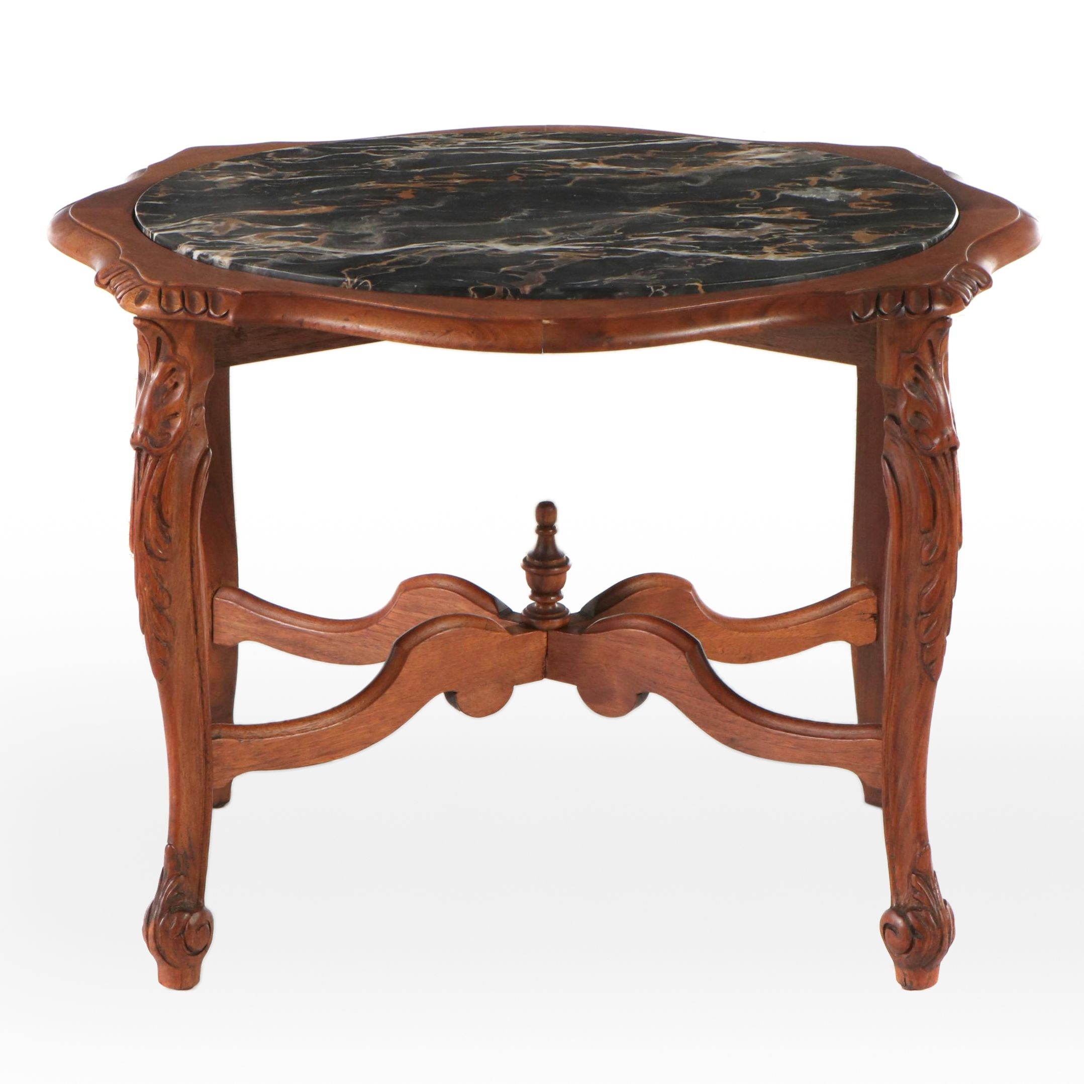 Carved Walnut Accent Table with Black Marble Top
