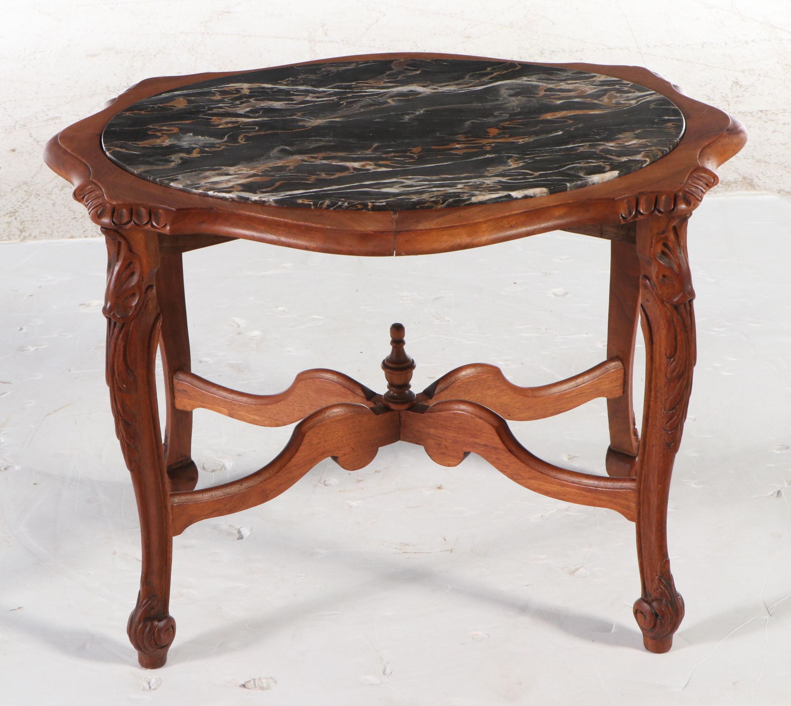 Carved Walnut Accent Table with Black Marble Top