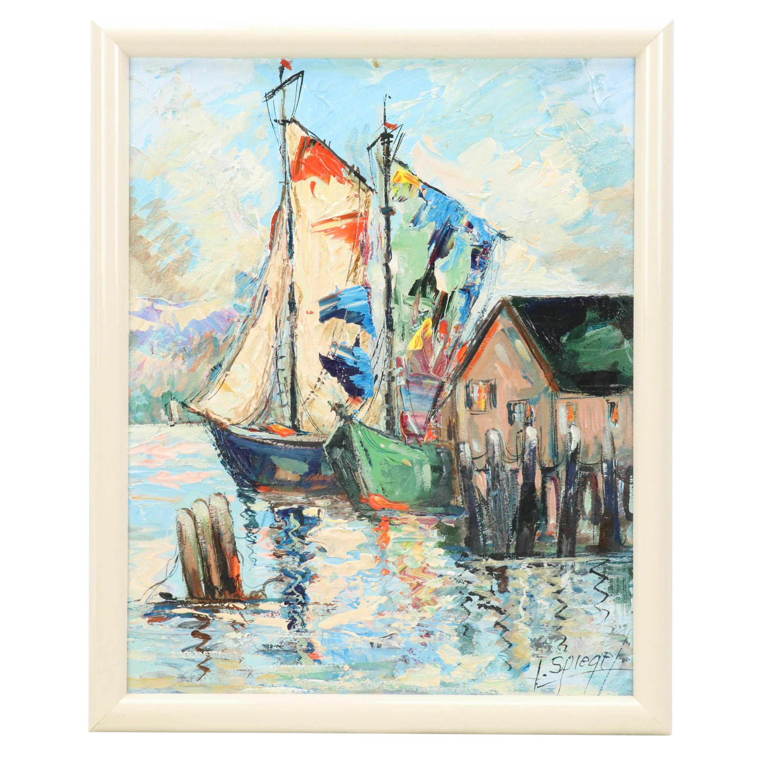 Louis Spiegel Impasto Oil Painting of Ships at Harbor, Mid to Late 20th C.