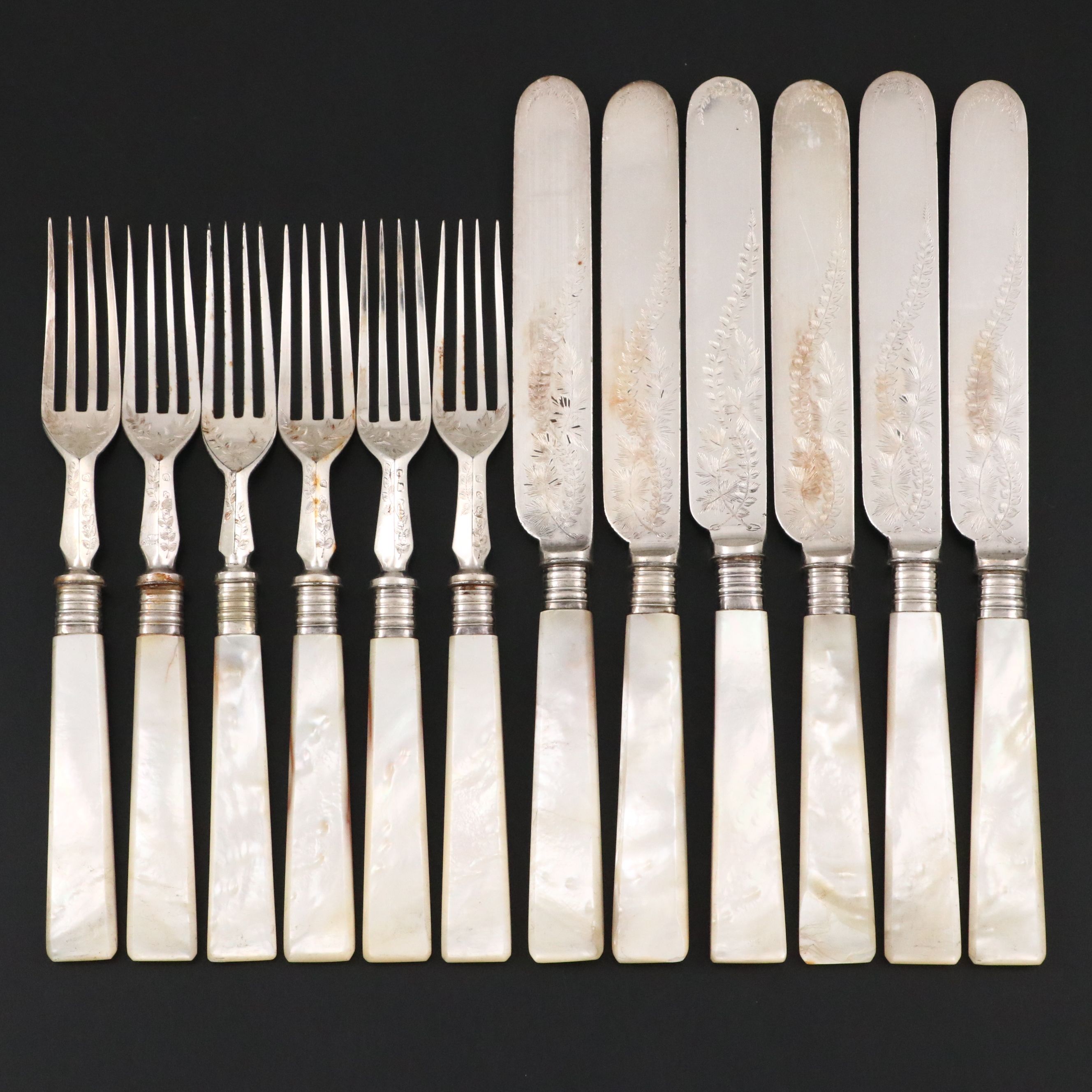 Antique English Mother-of-Pearl Handled Engraved Fish Set, Late 19th C.