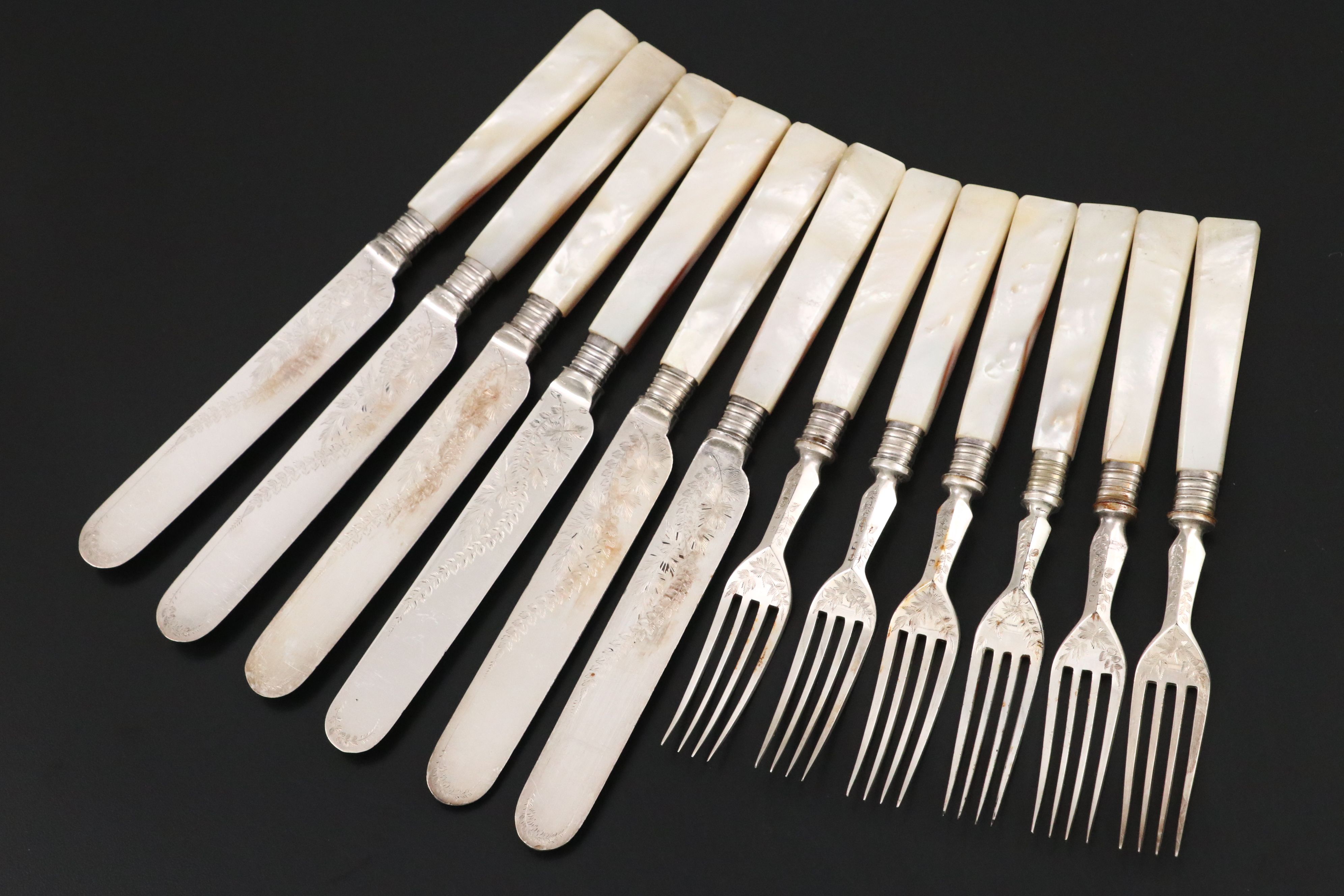 Antique English Mother-of-Pearl Handled Engraved Fish Set, Late 19th C.