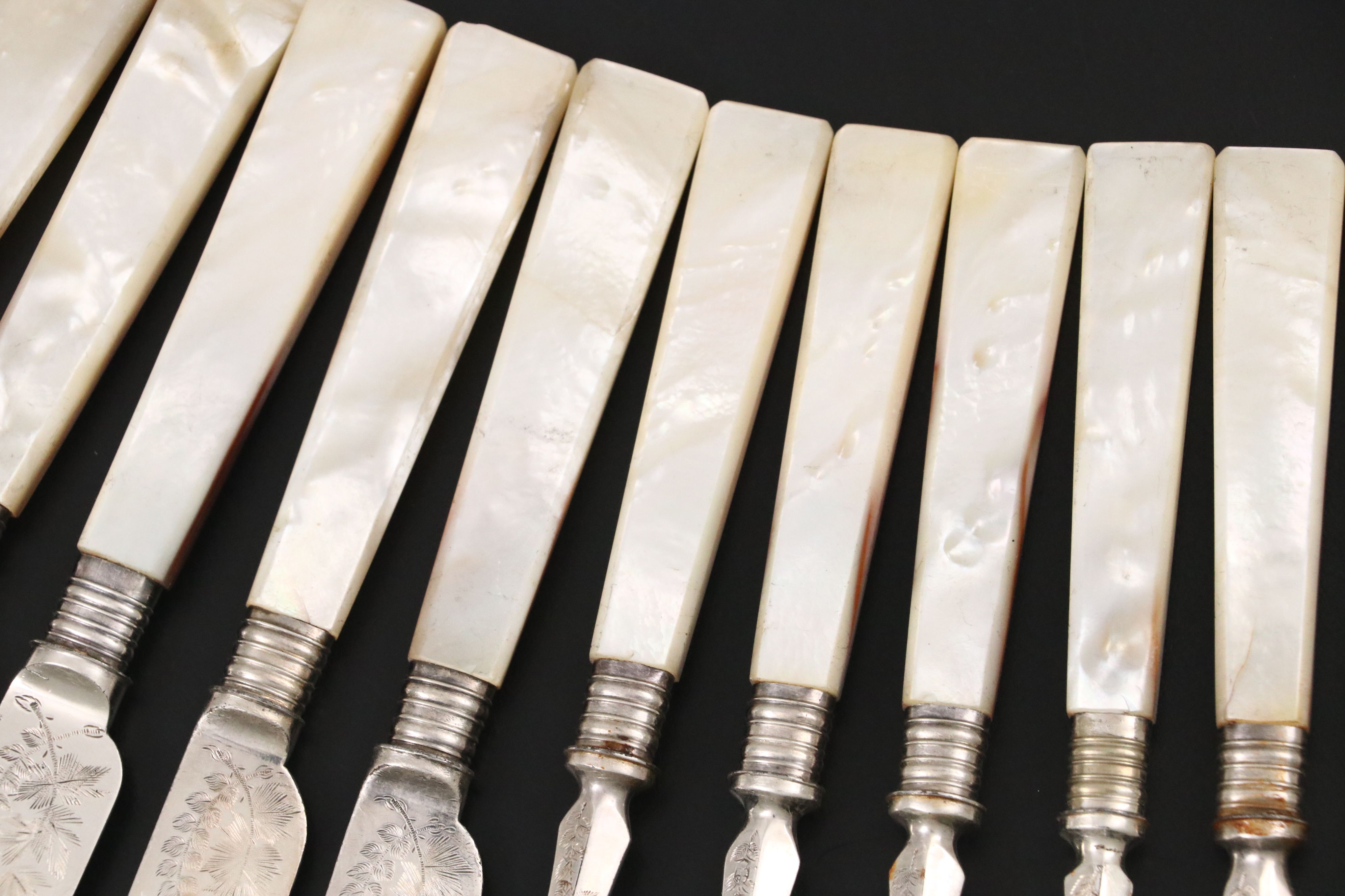 Antique English Mother-of-Pearl Handled Engraved Fish Set, Late 19th C.