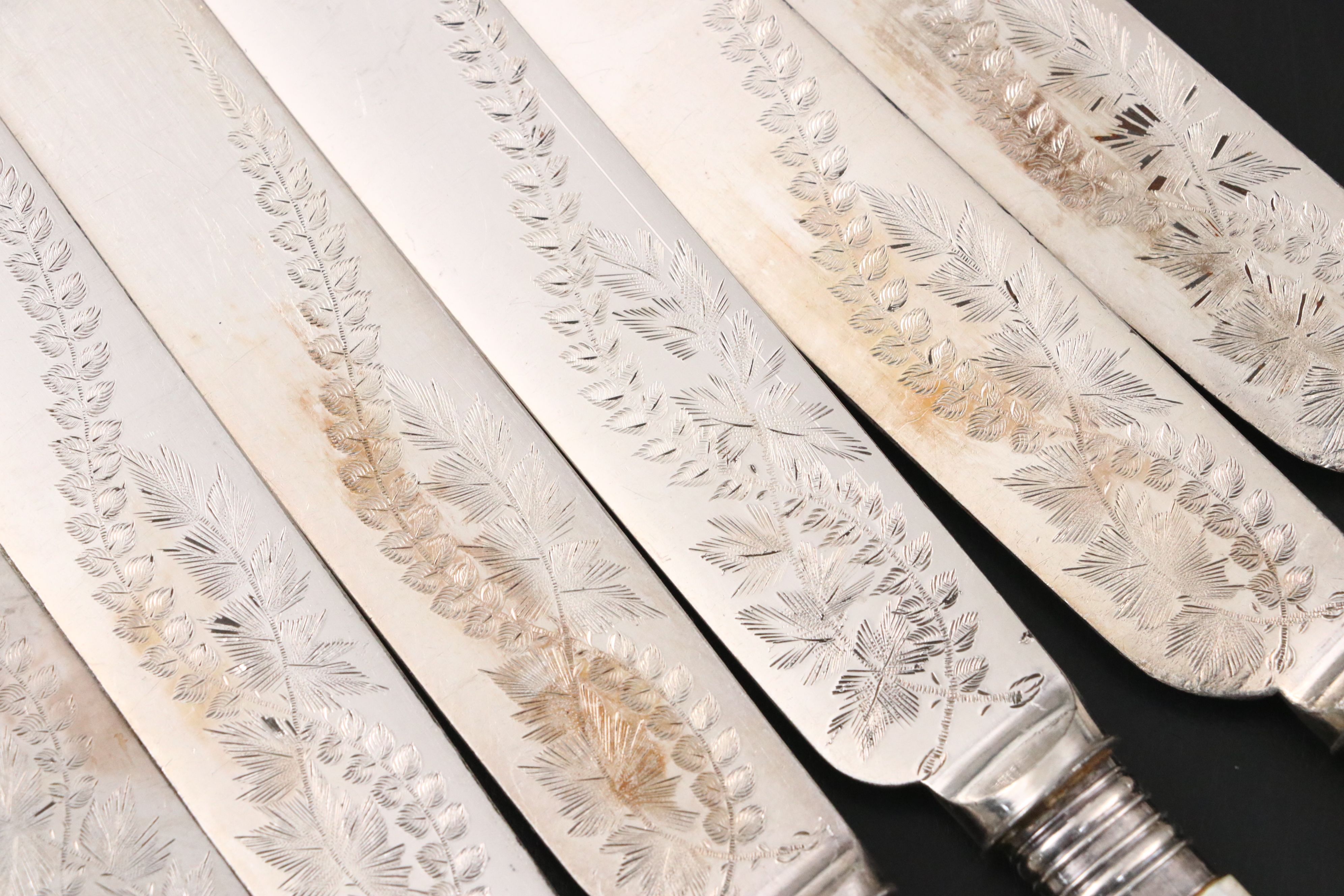 Antique English Mother-of-Pearl Handled Engraved Fish Set, Late 19th C.