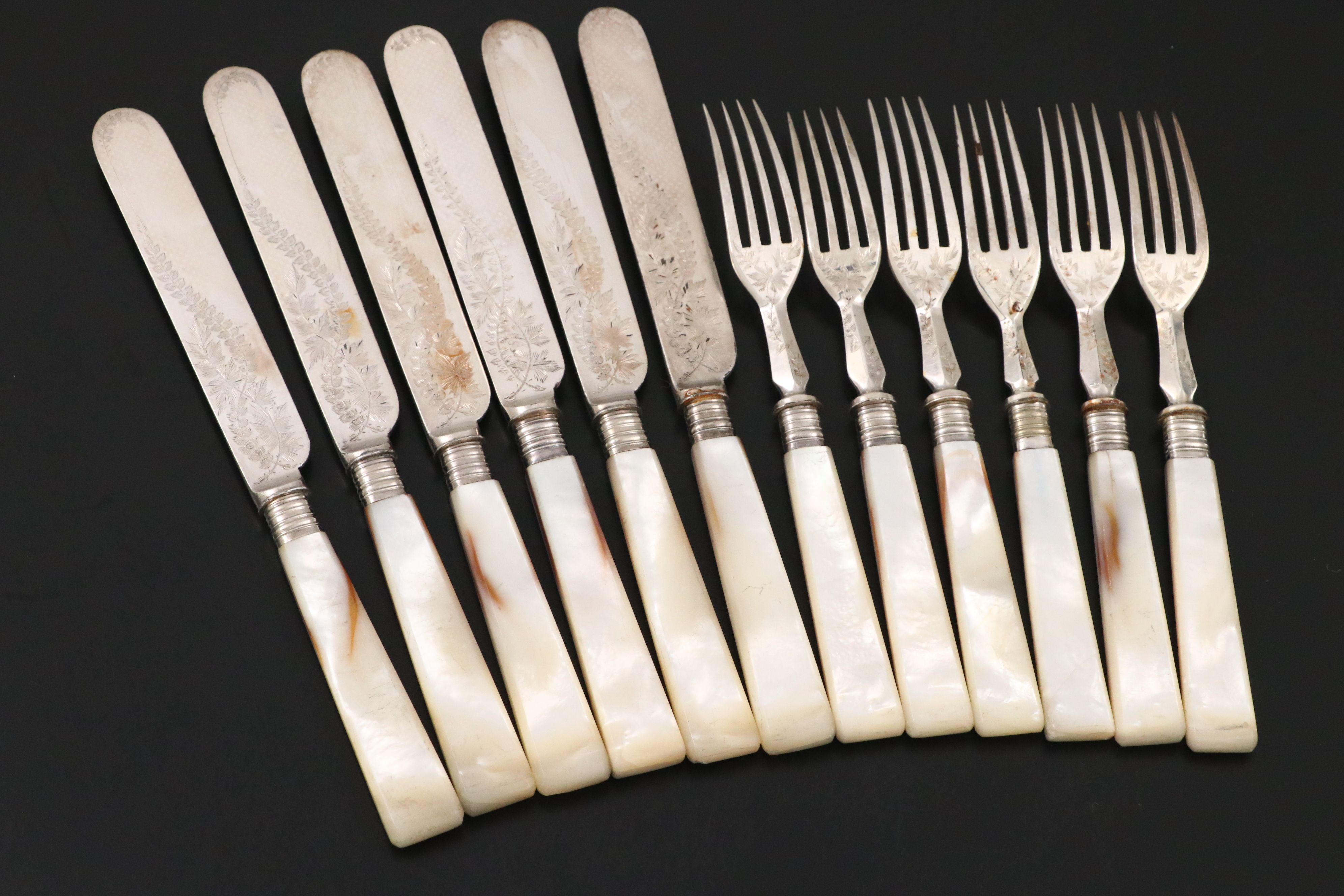 Antique English Mother-of-Pearl Handled Engraved Fish Set, Late 19th C.