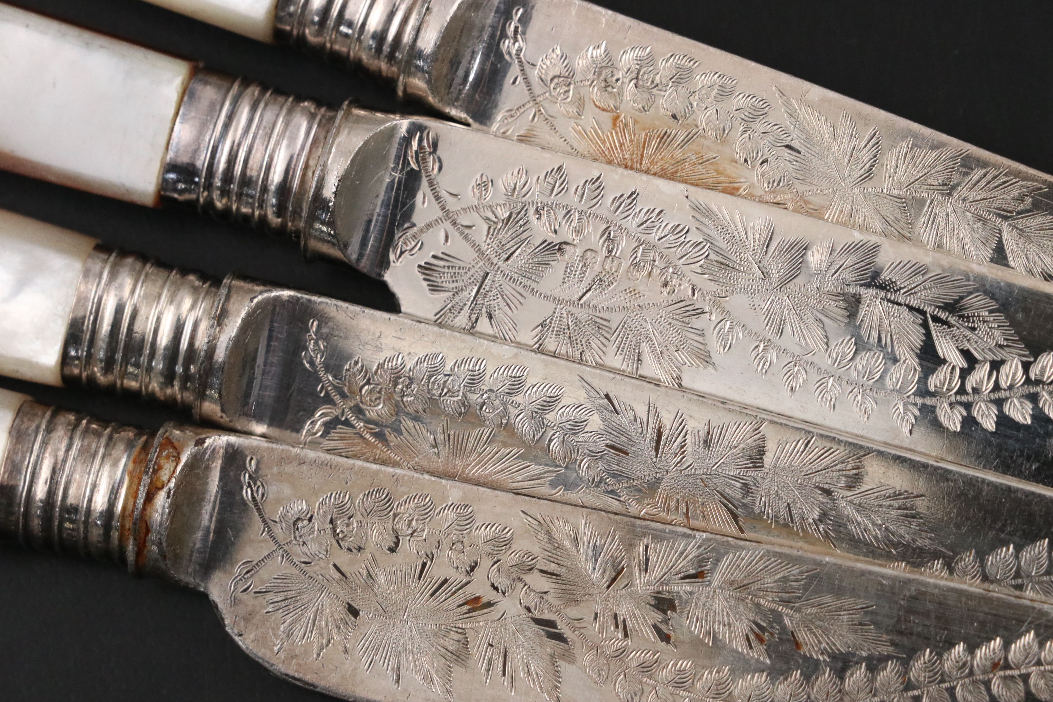 Antique English Mother-of-Pearl Handled Engraved Fish Set, Late 19th C.