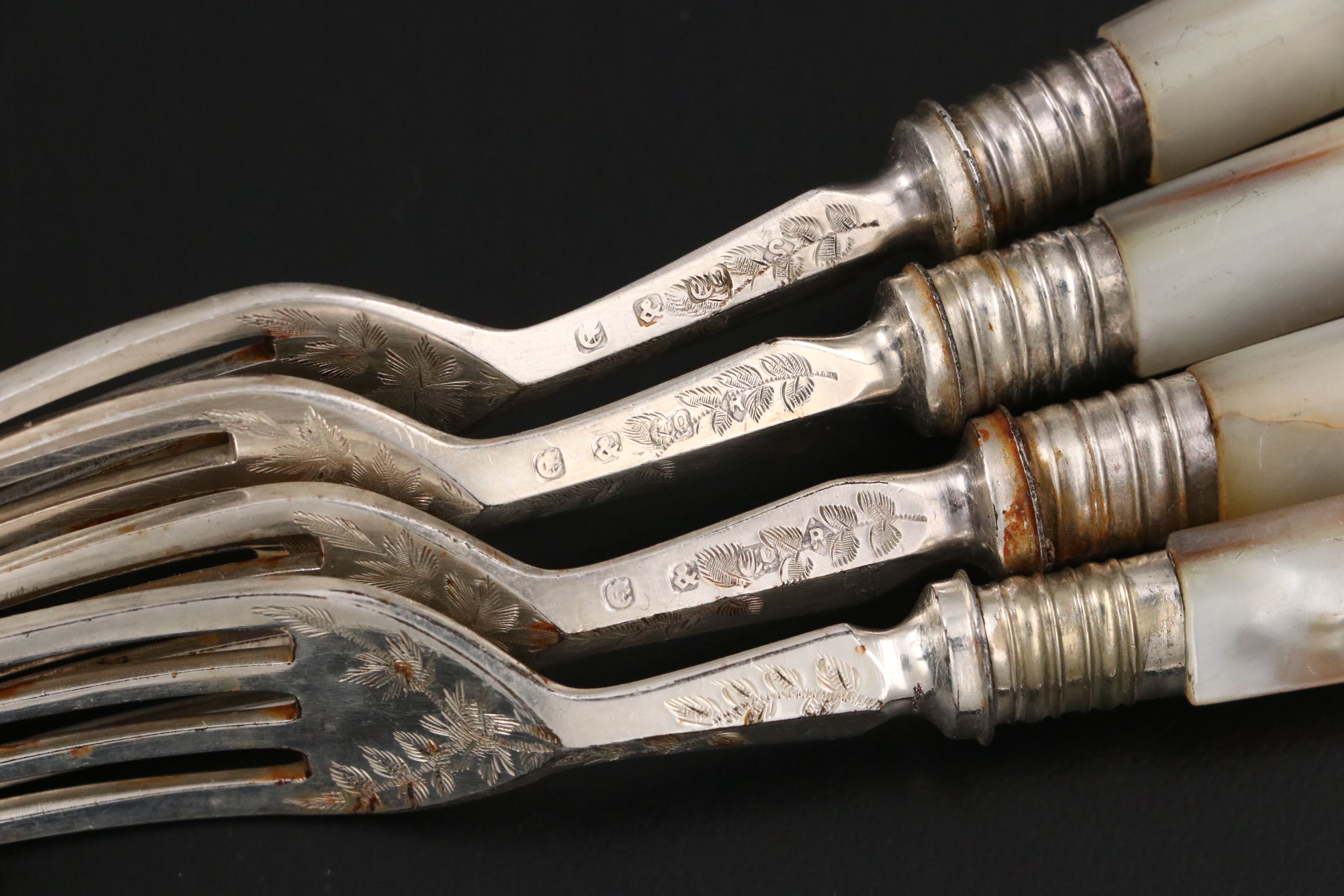Antique English Mother-of-Pearl Handled Engraved Fish Set, Late 19th C.