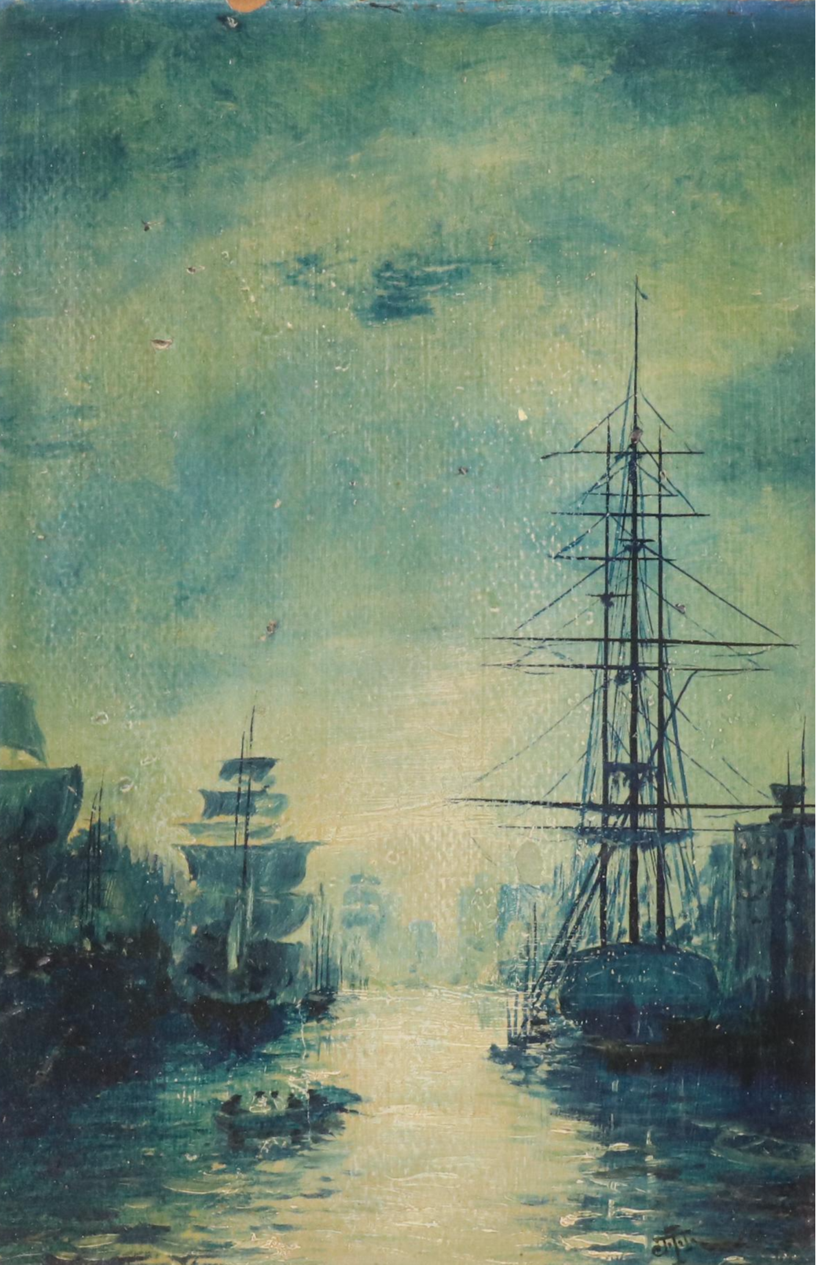Maritime Oil Painting of Ships in Channel, 1923