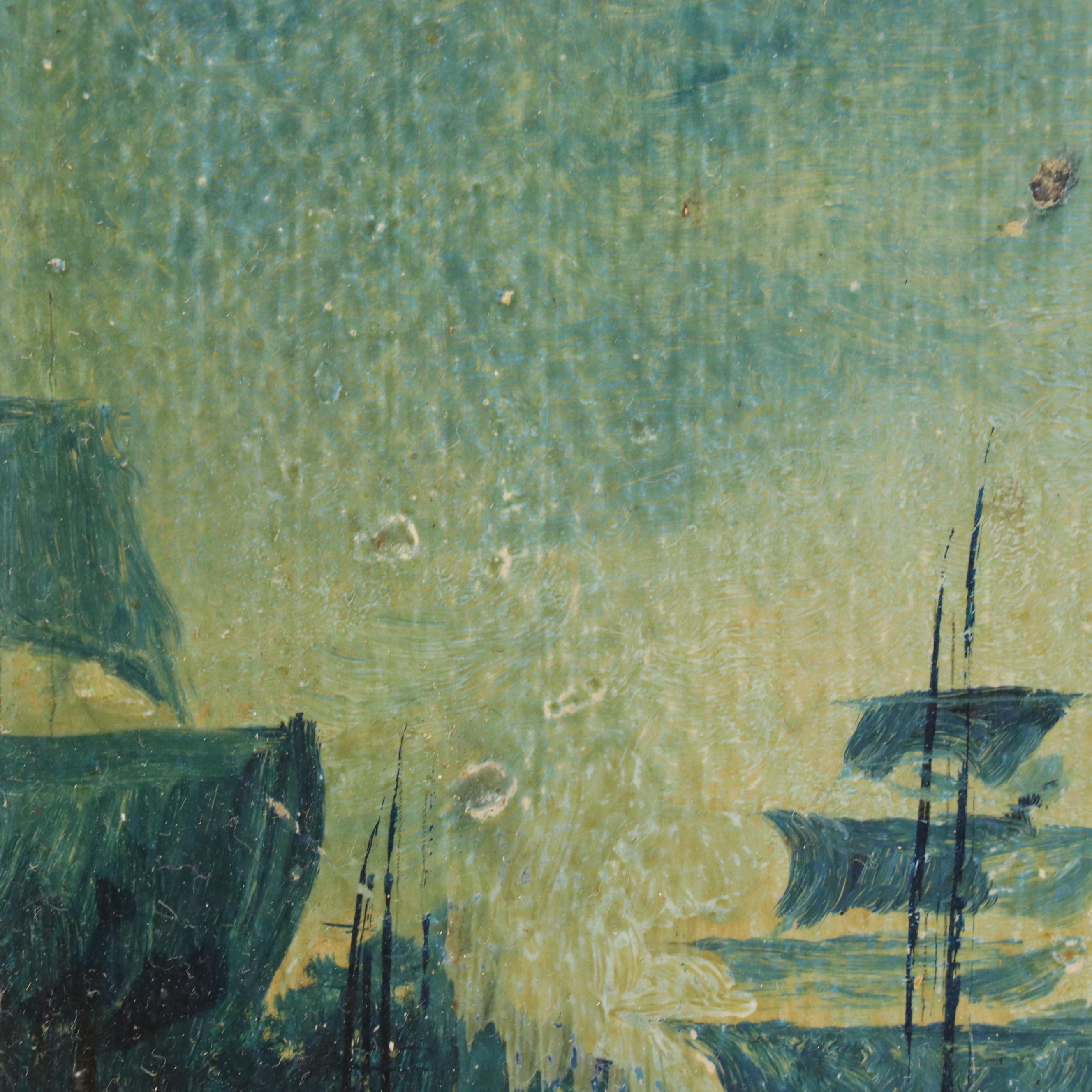 Maritime Oil Painting of Ships in Channel, 1923