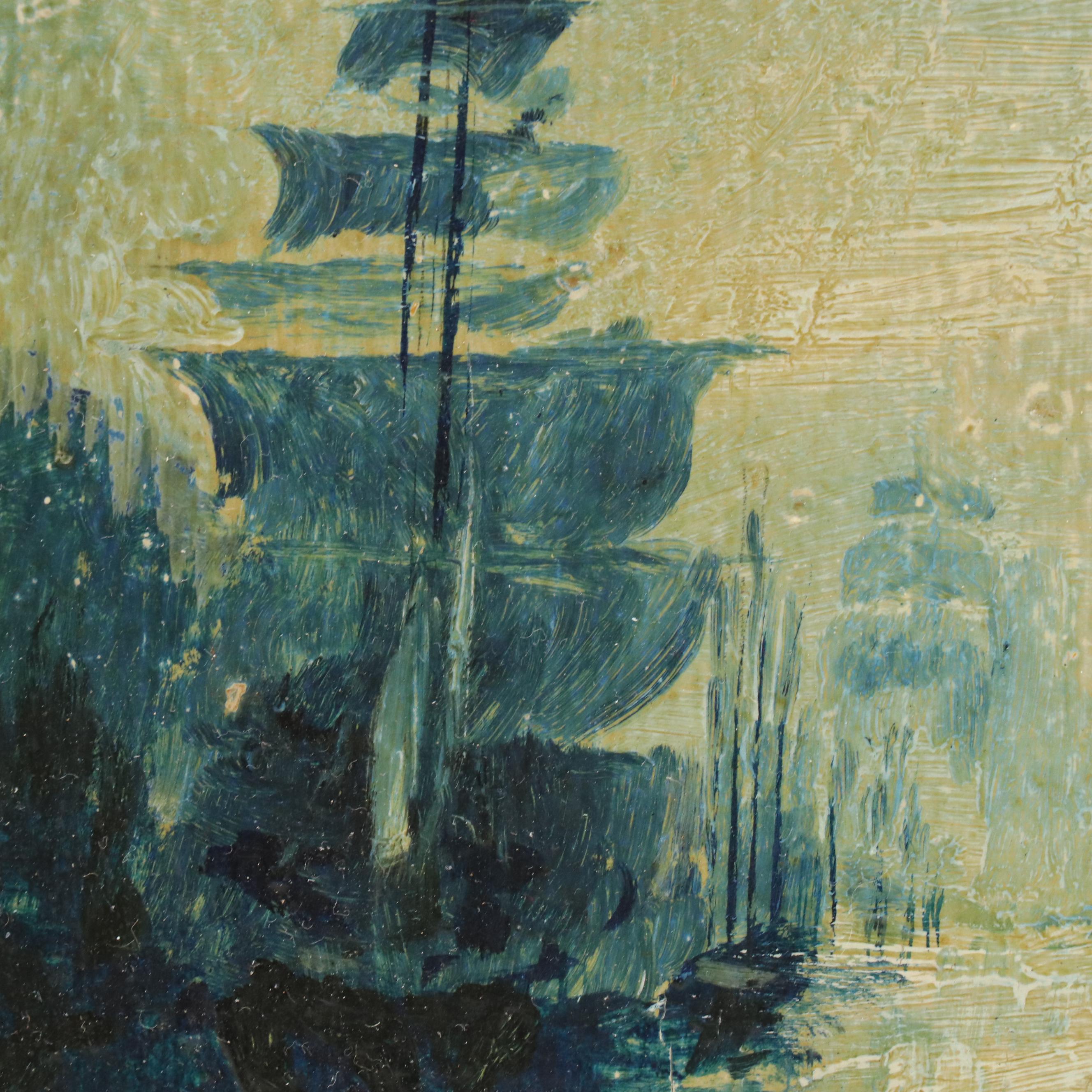 Maritime Oil Painting of Ships in Channel, 1923