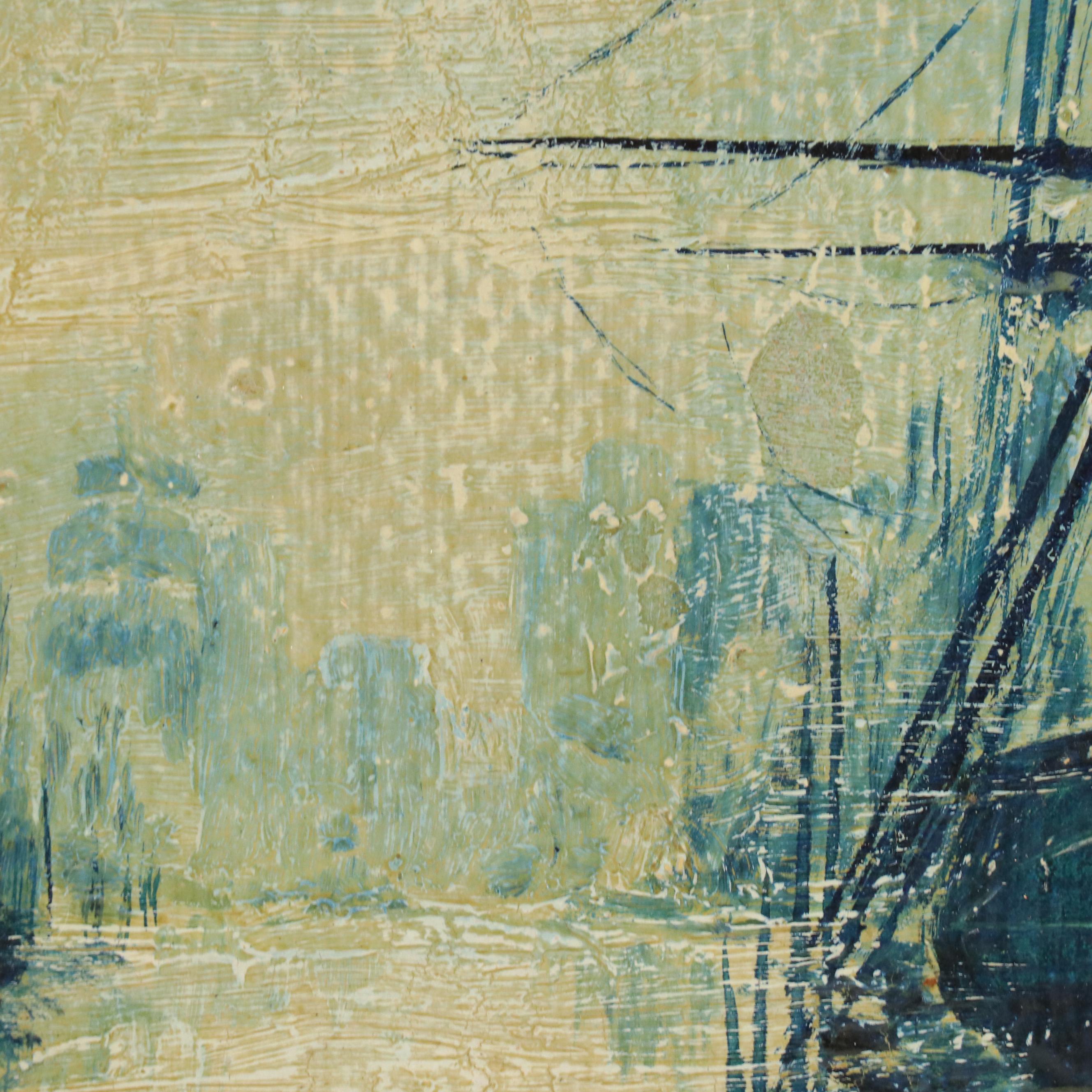 Maritime Oil Painting of Ships in Channel, 1923