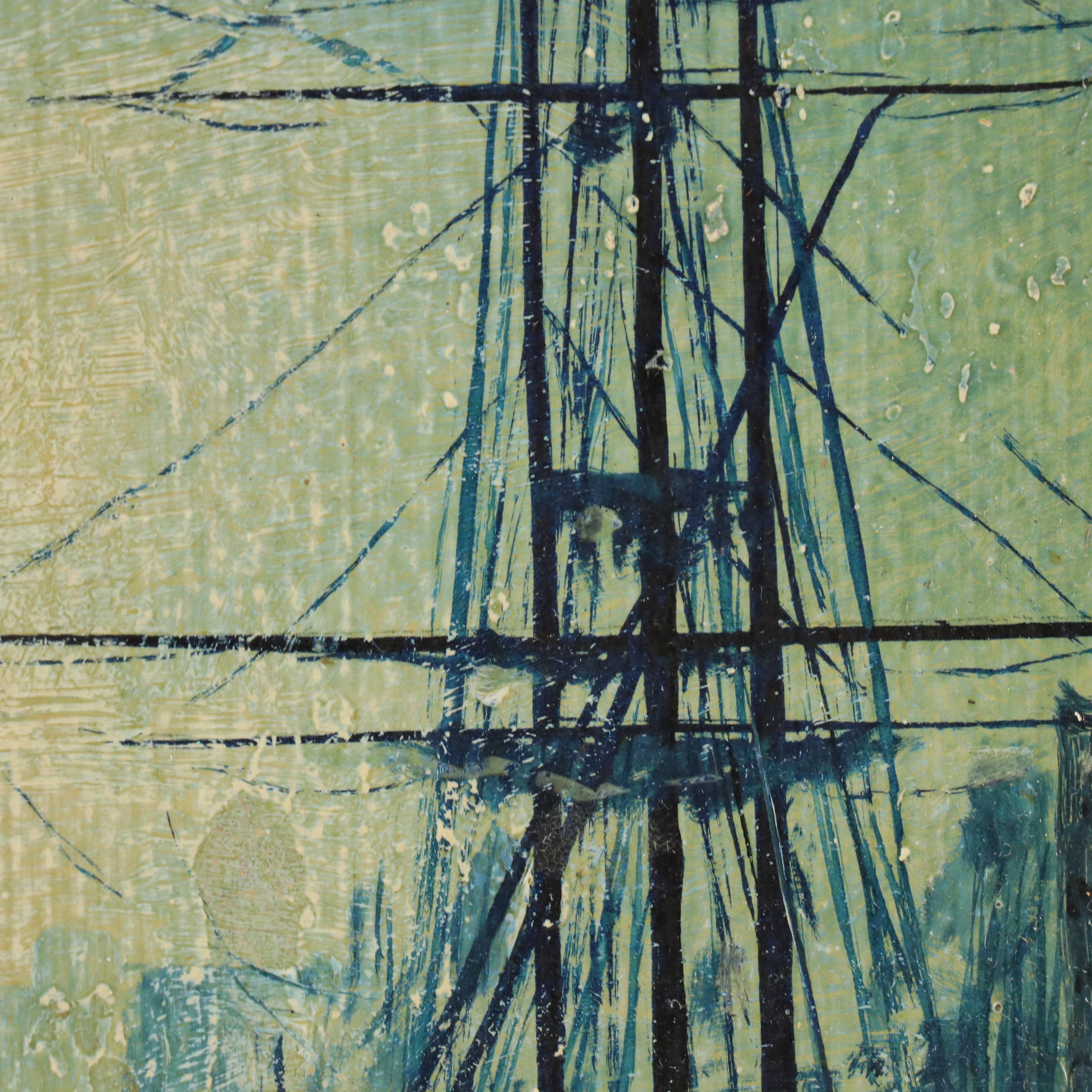 Maritime Oil Painting of Ships in Channel, 1923