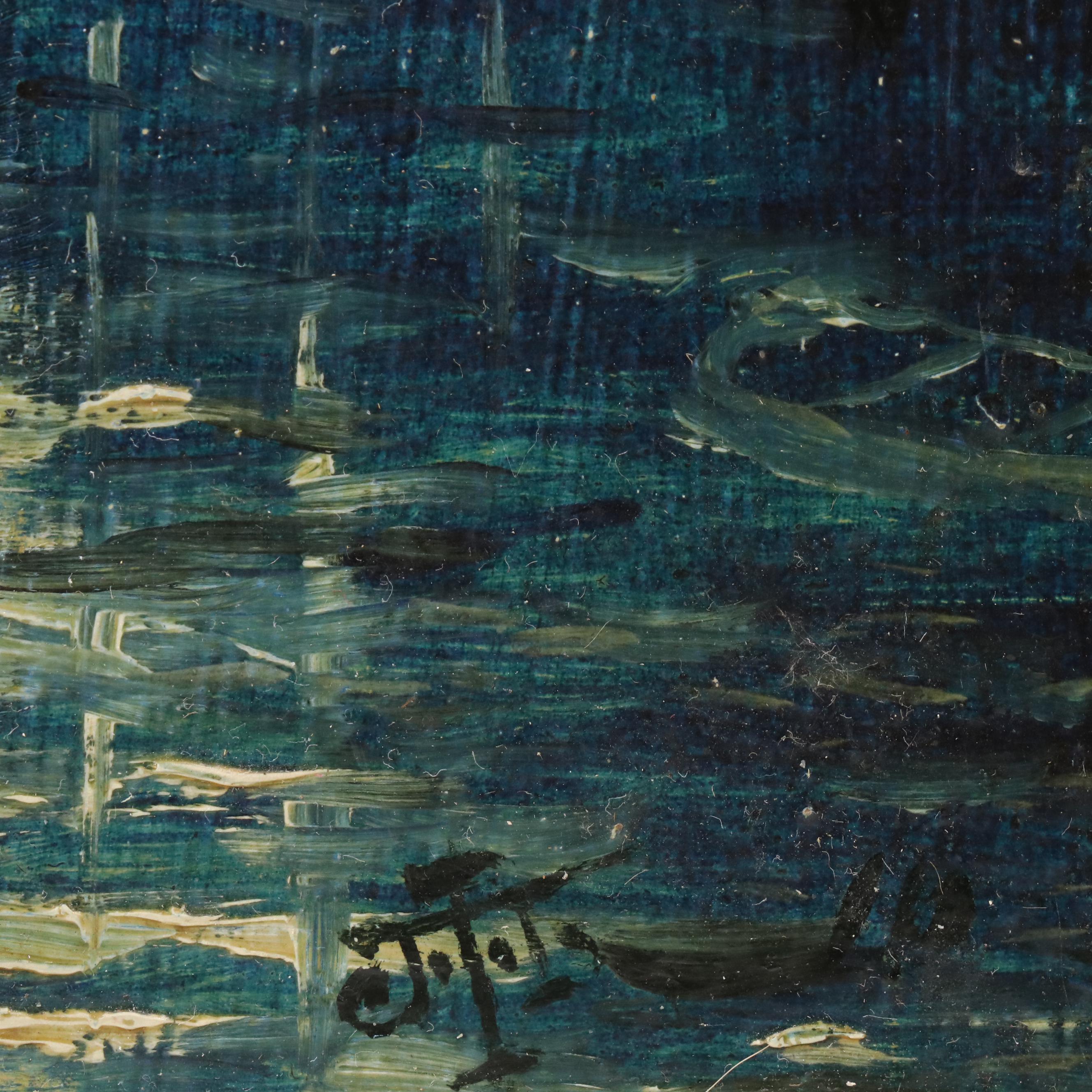 Maritime Oil Painting of Ships in Channel, 1923