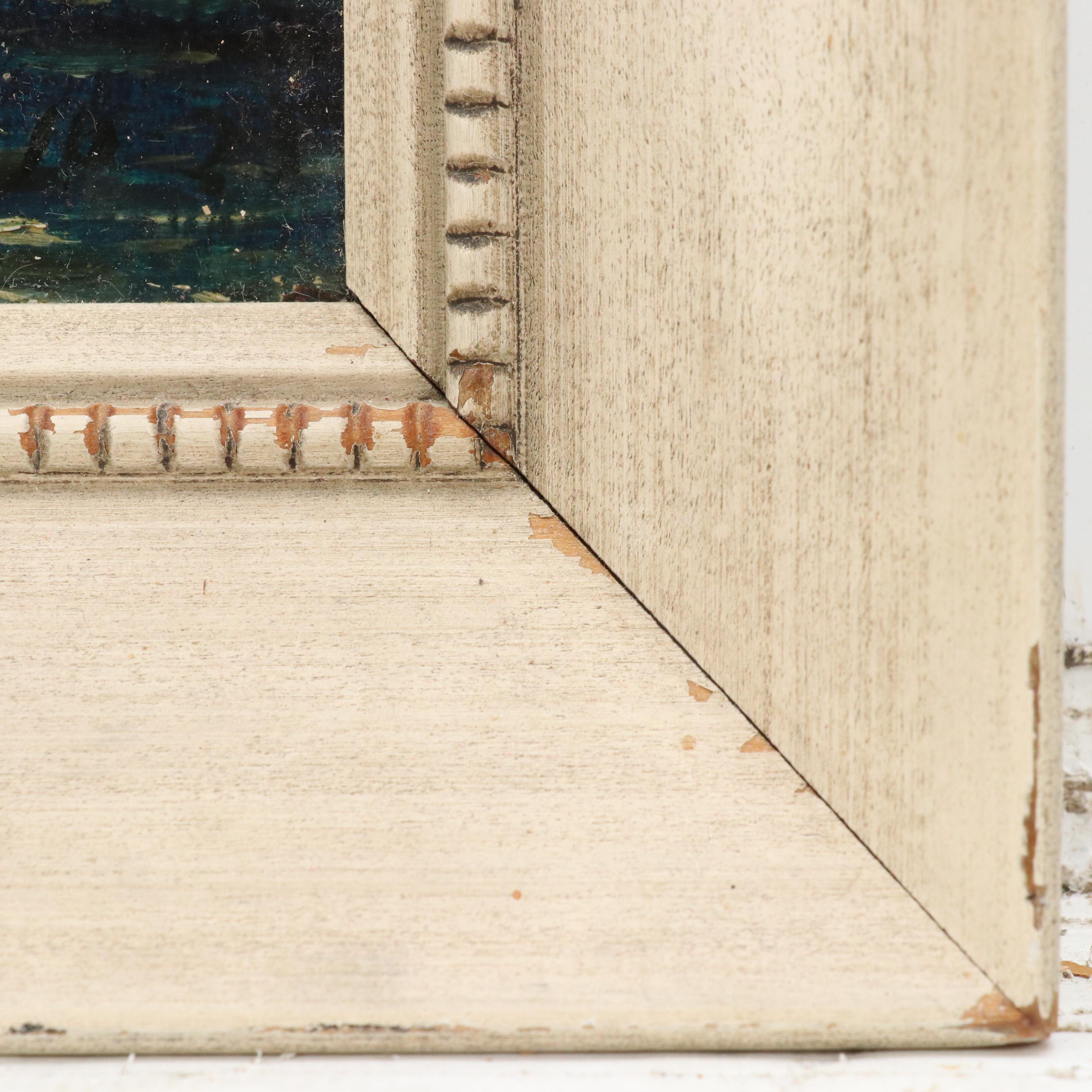 Maritime Oil Painting of Ships in Channel, 1923