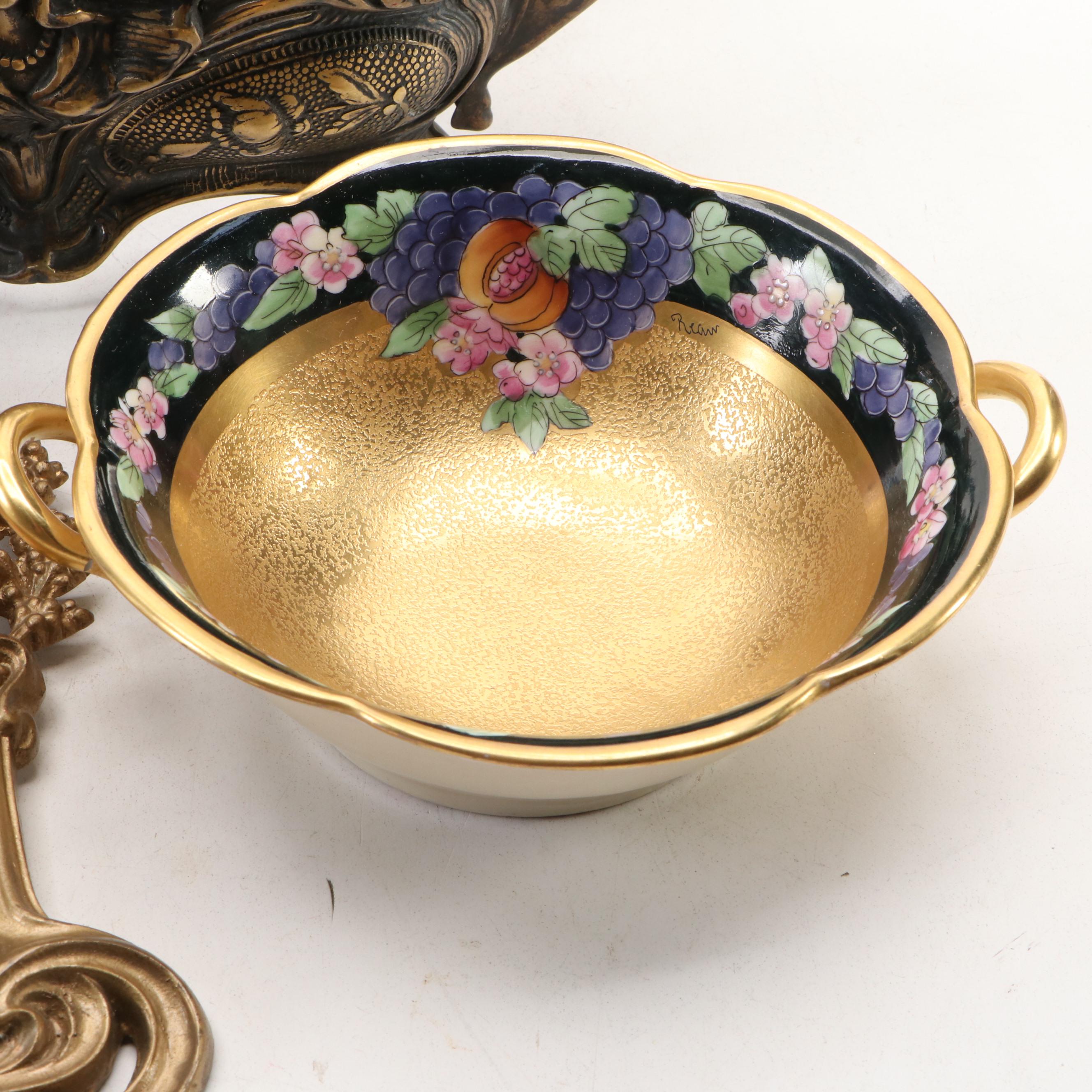 Art Nouveau Cast Metal Jardinière with Porcelain Mantle Clock and More Décor