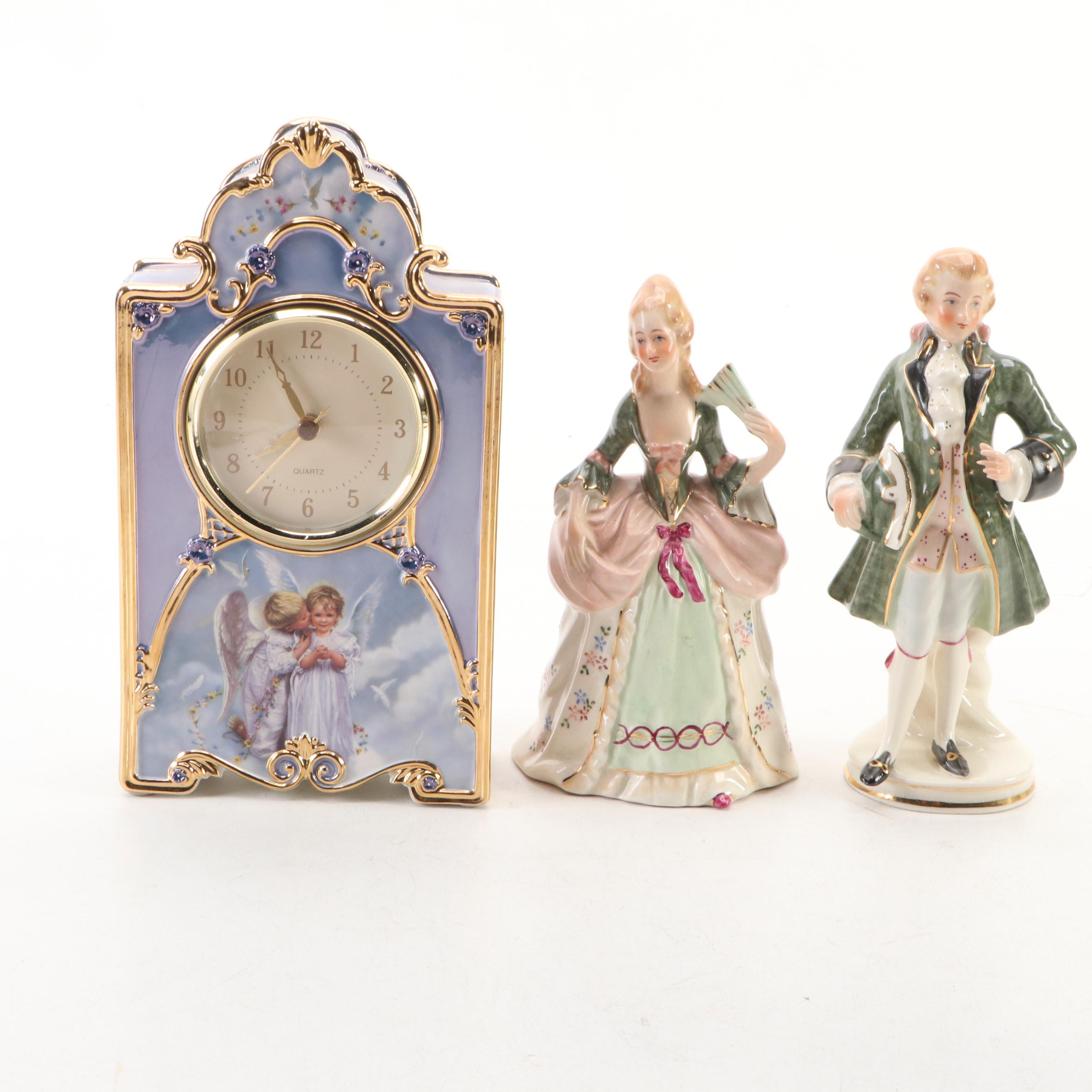 Art Nouveau Cast Metal Jardinière with Porcelain Mantle Clock and More Décor