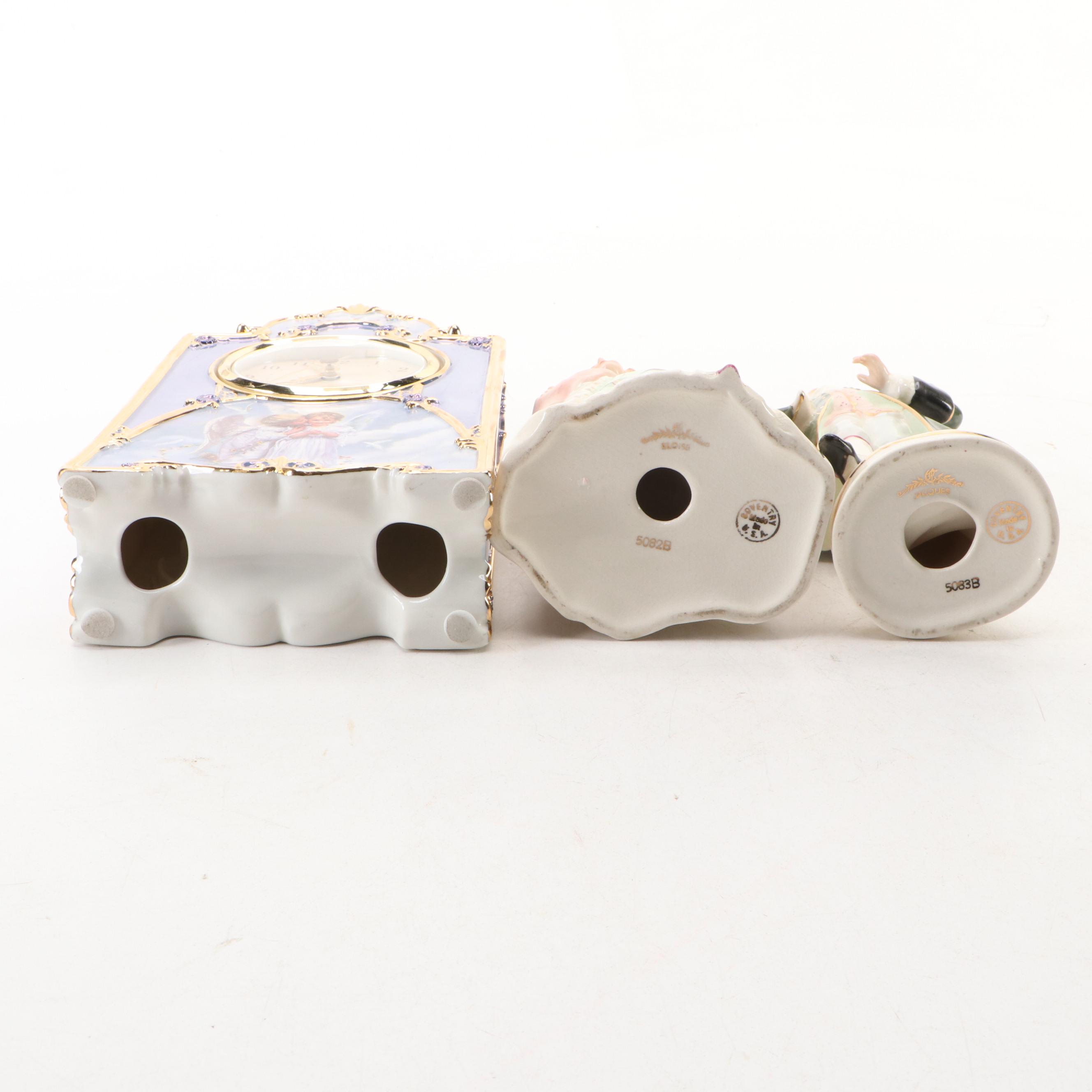 Art Nouveau Cast Metal Jardinière with Porcelain Mantle Clock and More Décor