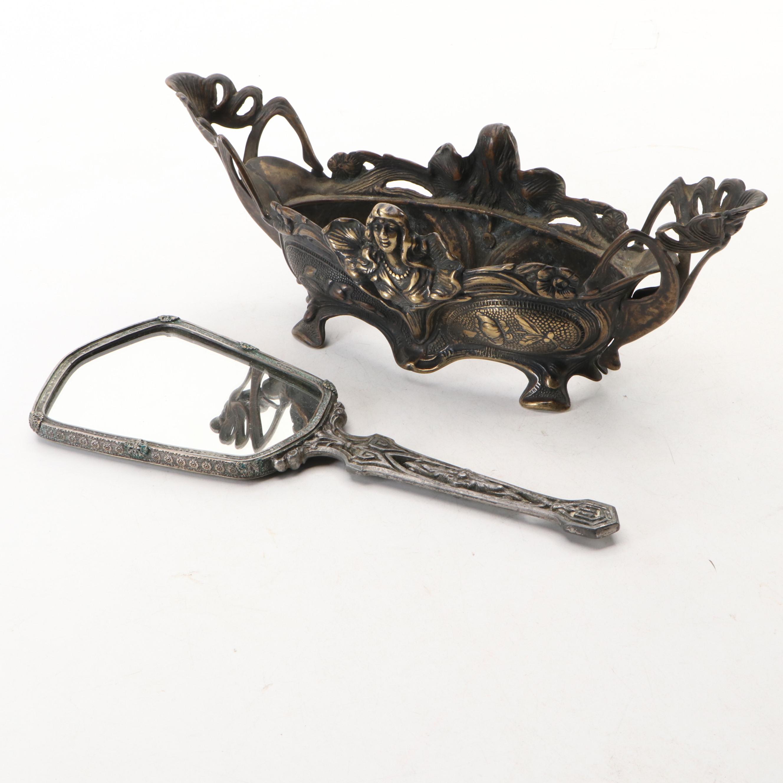 Art Nouveau Cast Metal Jardinière with Porcelain Mantle Clock and More Décor