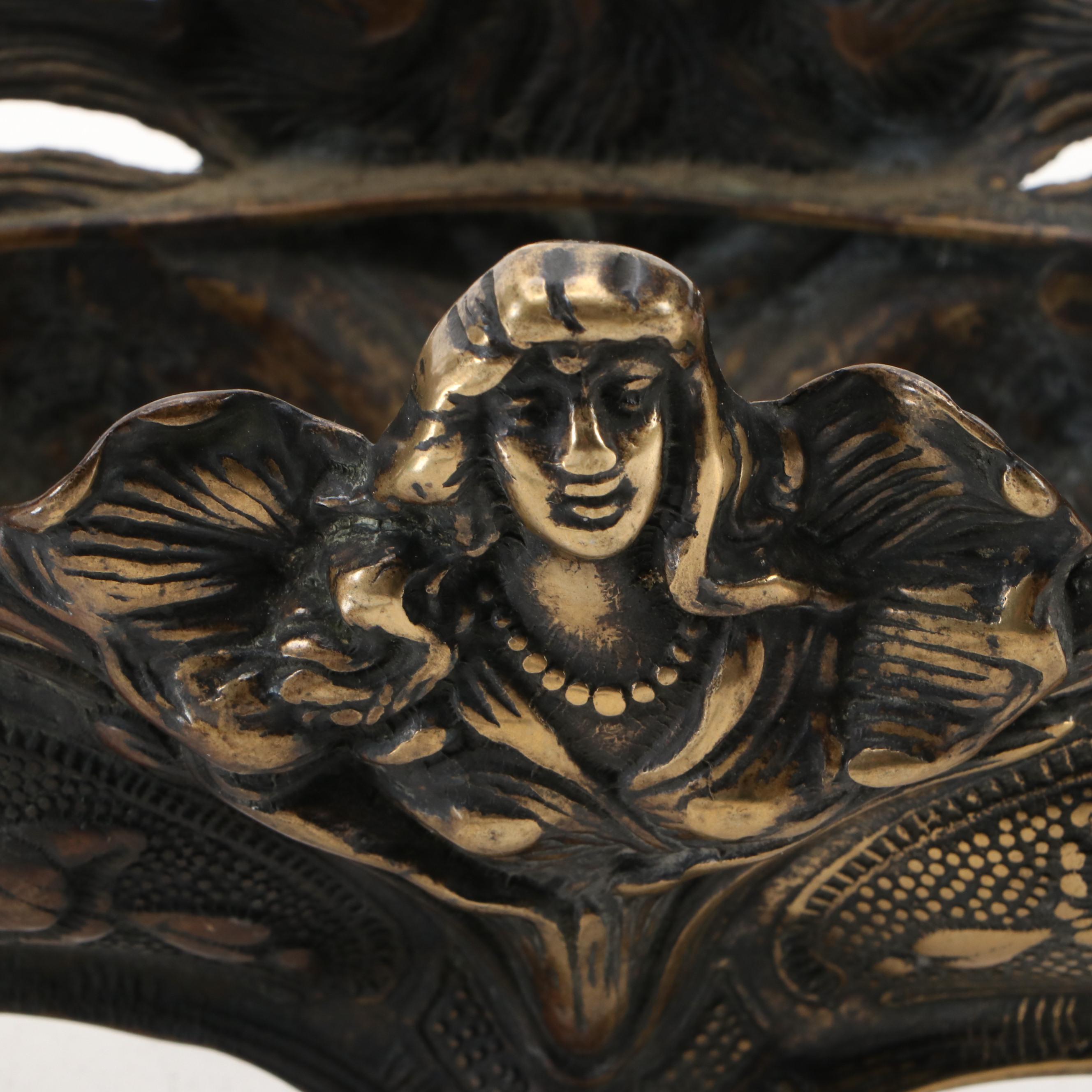 Art Nouveau Cast Metal Jardinière with Porcelain Mantle Clock and More Décor