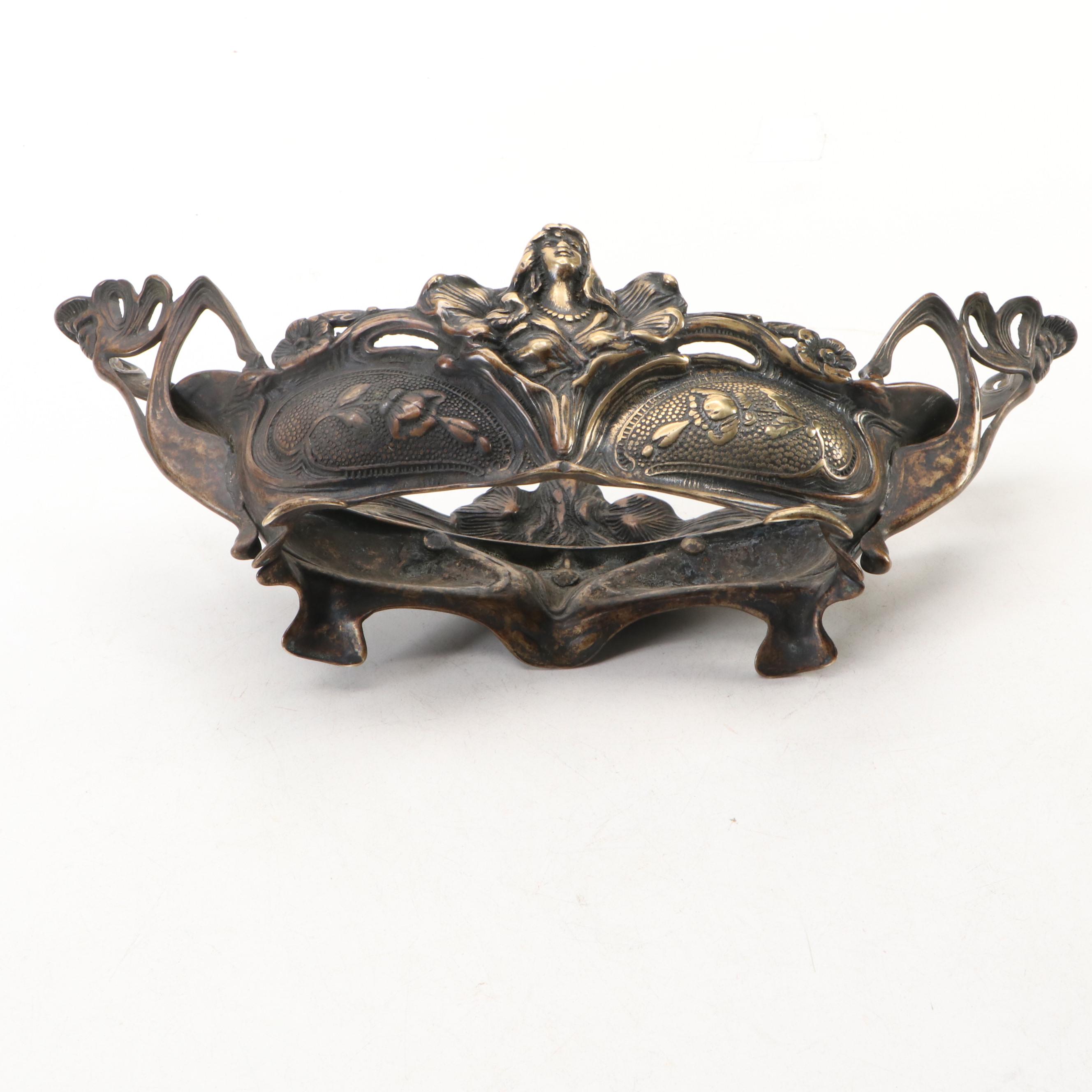 Art Nouveau Cast Metal Jardinière with Porcelain Mantle Clock and More Décor