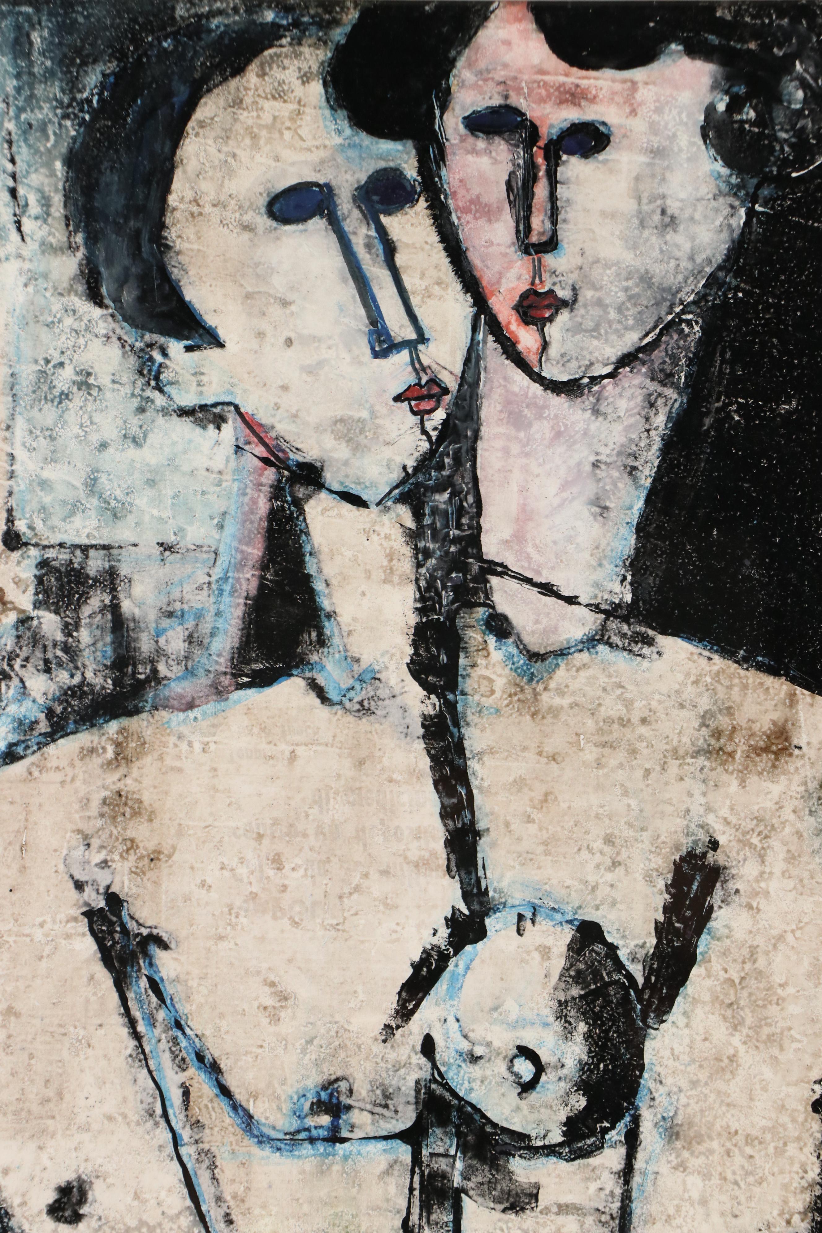 Oil Painting In the Style of Armedeo Modigliani of Figures in Embrace