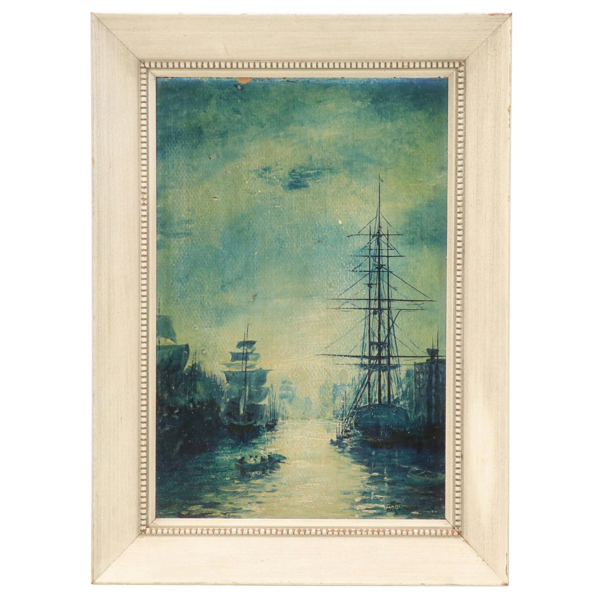 Maritime Oil Painting of Ships in Channel, 1923