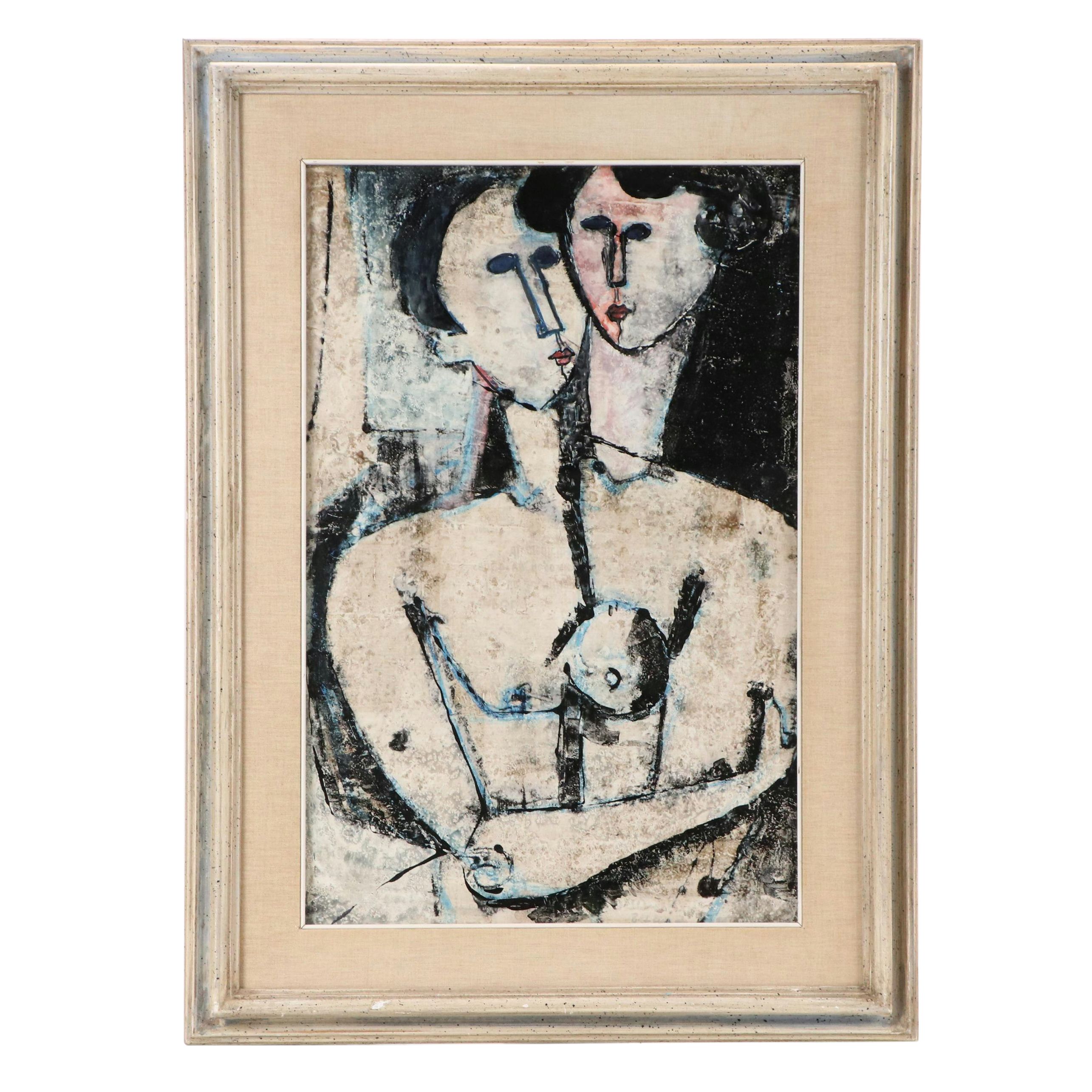 Oil Painting In the Style of Armedeo Modigliani of Figures in Embrace